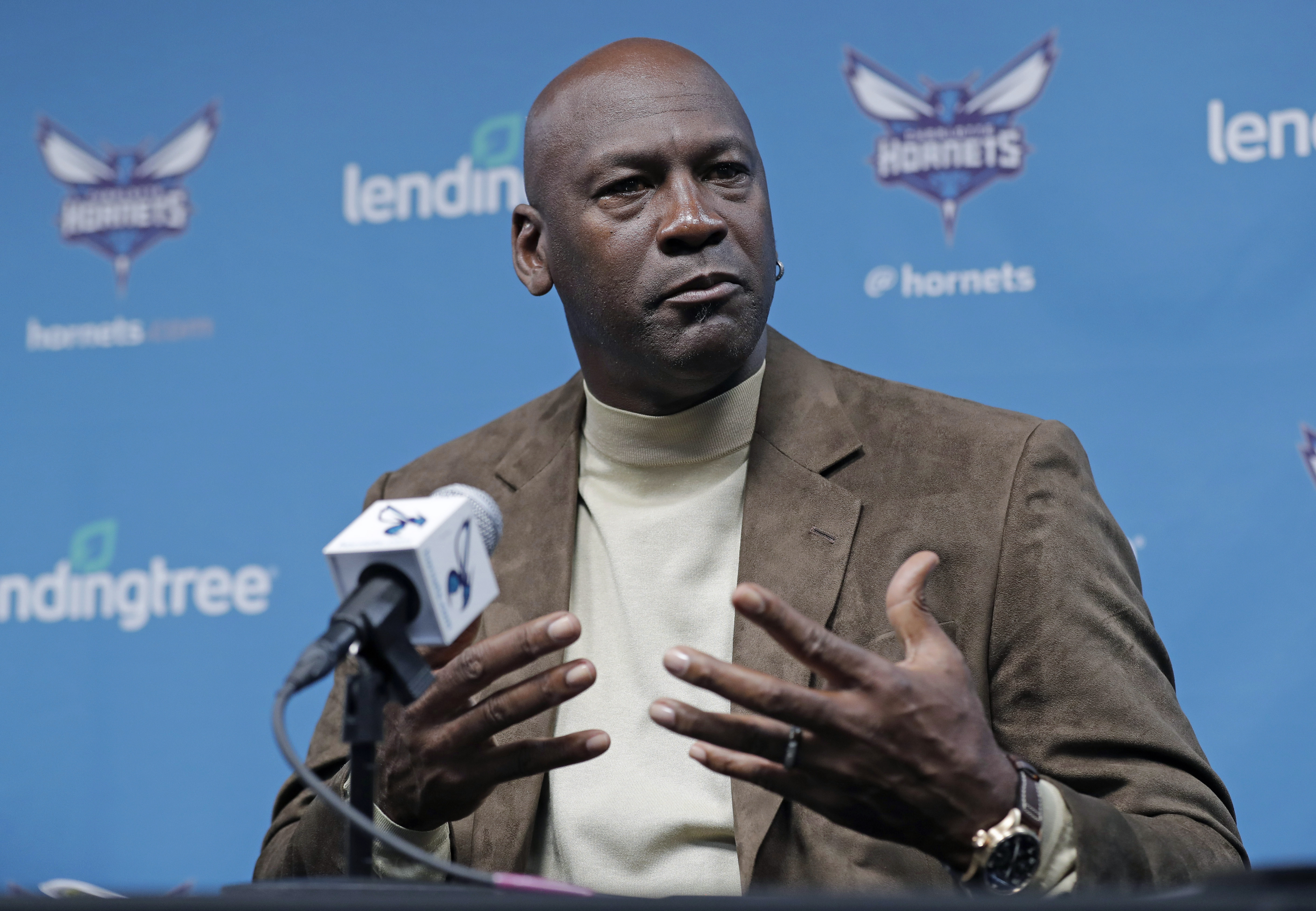 FILE - Charlotte Hornets owner Michael Jordan speaks to the media about hosting the NBA All-Star basketball game during a news conference, Feb. 12, 2019, in Charlotte, N.C. The NBA Board of Governors has voted to approve Jordan’s sale of the Charlotte Hornets to an ownership group led by Gabe Plotkin and Rick Schnall, according to a person familiar with the situation. The person spoke to The Associated Press on Sunday, July 23, 2023, on condition of anonymity because the sale won’t become official for at least another week. 