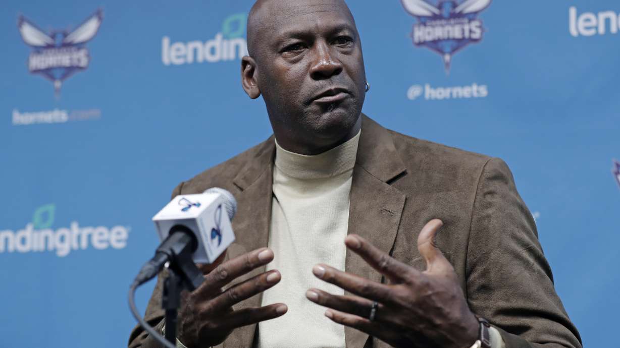 FILE - Charlotte Hornets owner Michael Jordan speaks to the media about hosting the NBA All-Star basketball game during a news conference, Feb. 12, 2019, in Charlotte, N.C. The NBA Board of Governors has voted to approve Jordan’s sale of the Charlotte Hornets to an ownership group led by Gabe Plotkin and Rick Schnall, according to a person familiar with the situation. The person spoke to The Associated Press on Sunday, July 23, 2023, on condition of anonymity because the sale won’t become official for at least another week.