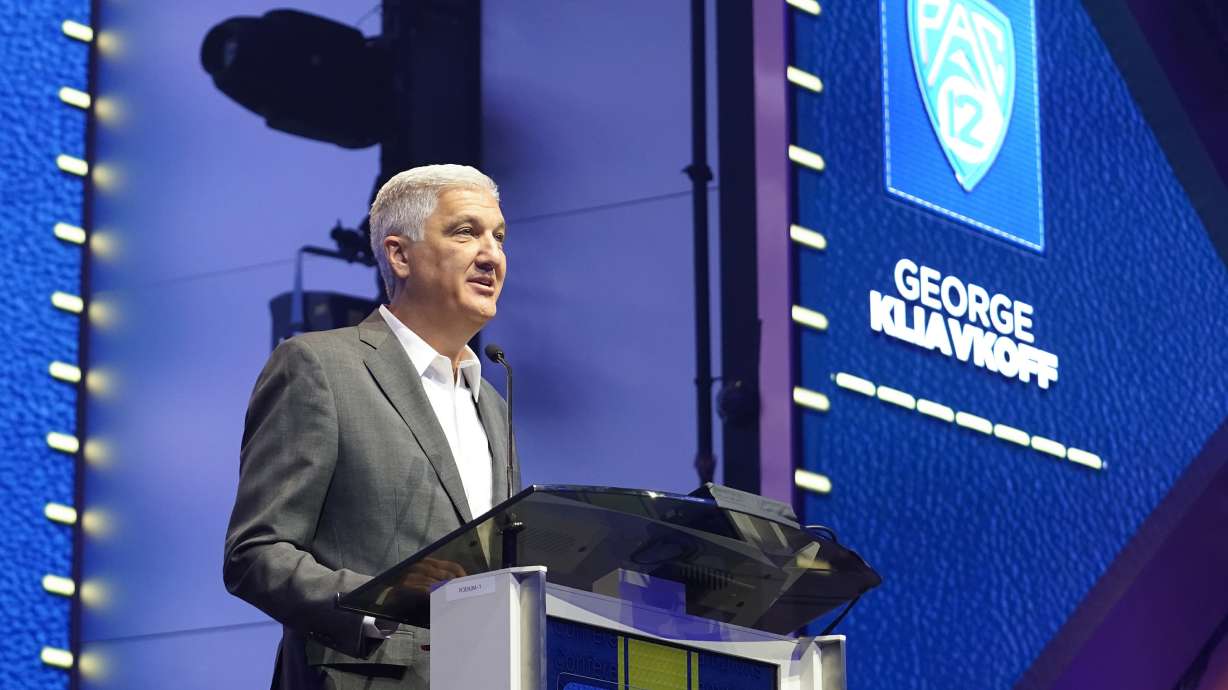 Pac-12 commissioner George Kliavkoff speaks at the NCAA college football Pac-12 media day Friday, July 21, 2023, in Las Vegas.