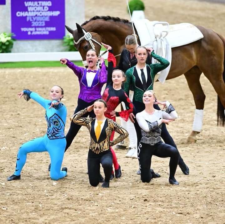 Utah-based Team USA's junior squad poses for their "Clue" themed freestyle. The squad placed third in the 2023 FEI World Championship for Young Vaulters on July 30.