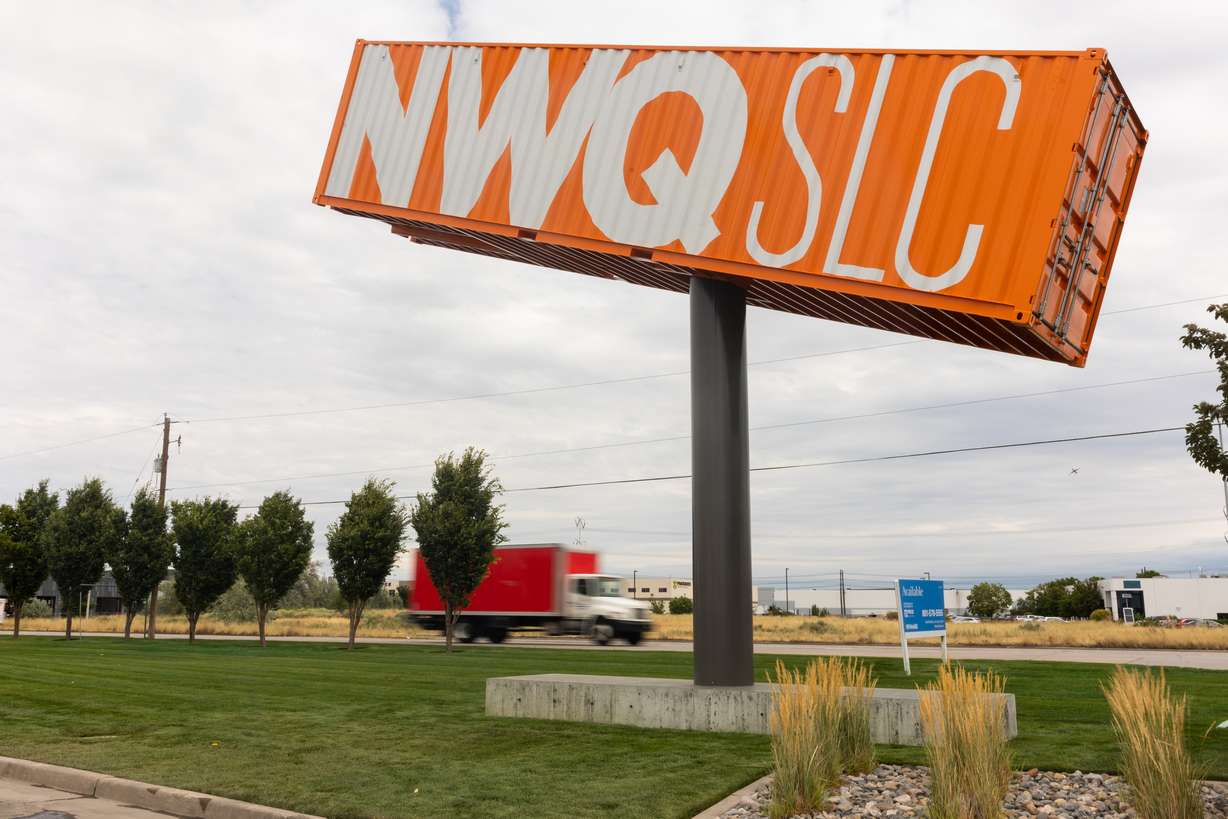 Salt Lake City’s newest public art piece, “Trade Balance,” stands in the Northwest Quadrant of Salt Lake City on Thursday. The piece completes Utah’s largest above-ground art installation and is a nod to the Northwest Quadrant’s commerce, logistics, manufacturing and distribution industries.