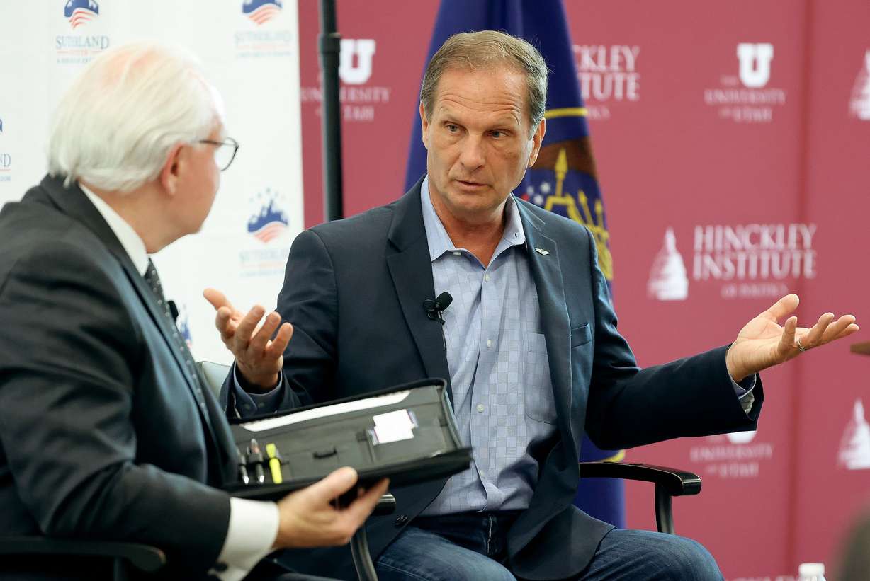 Rep. Chris Stewart, R-Utah, right, speaks with Rick Larsen, Sutherland Institute president and CEO, during Sutherland Institute’s 2023 Congressional Series at the Hinckley Institute of Politics at the University of Utah in Salt Lake City on Thursday.