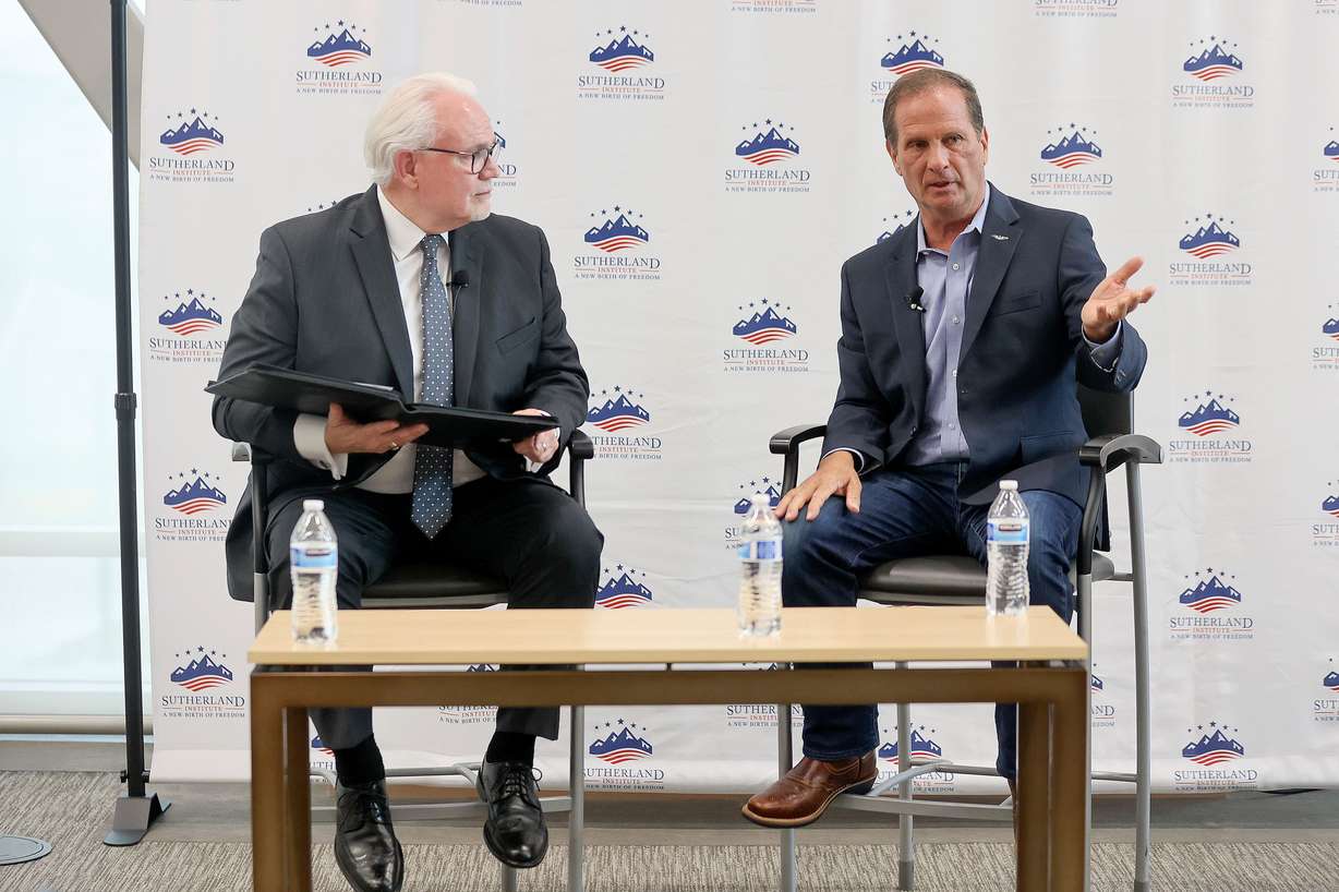 Rep. Chris Stewart, R-Utah, right, speaks with Rick Larsen, Sutherland Institute president and CEO, during Sutherland Institute’s 2023 Congressional Series at the Hinckley Institute of Politics at the University of Utah in Salt Lake City on Thursday.
