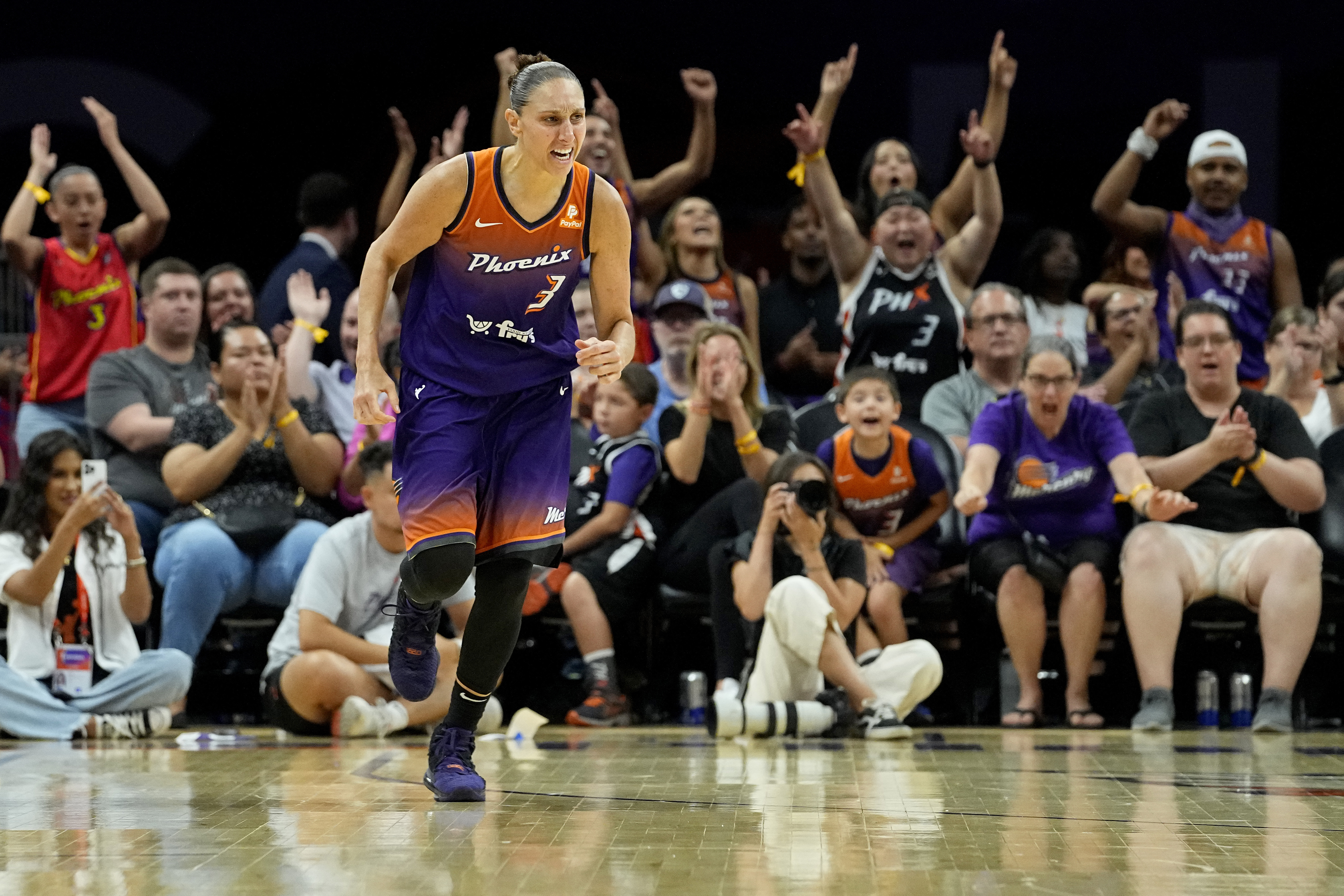 Phoenix Mercury guard Diana Taurasi celebrates a three pointer against the Atlanta Dream during the first half of a WNBA basketball game, Thursday, Aug. 3, 2023, in Phoenix. 