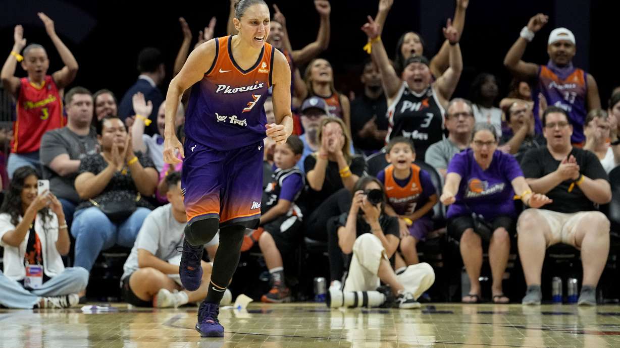 Phoenix Mercury guard Diana Taurasi celebrates a three pointer against the Atlanta Dream during the first half of a WNBA basketball game, Thursday, Aug. 3, 2023, in Phoenix.