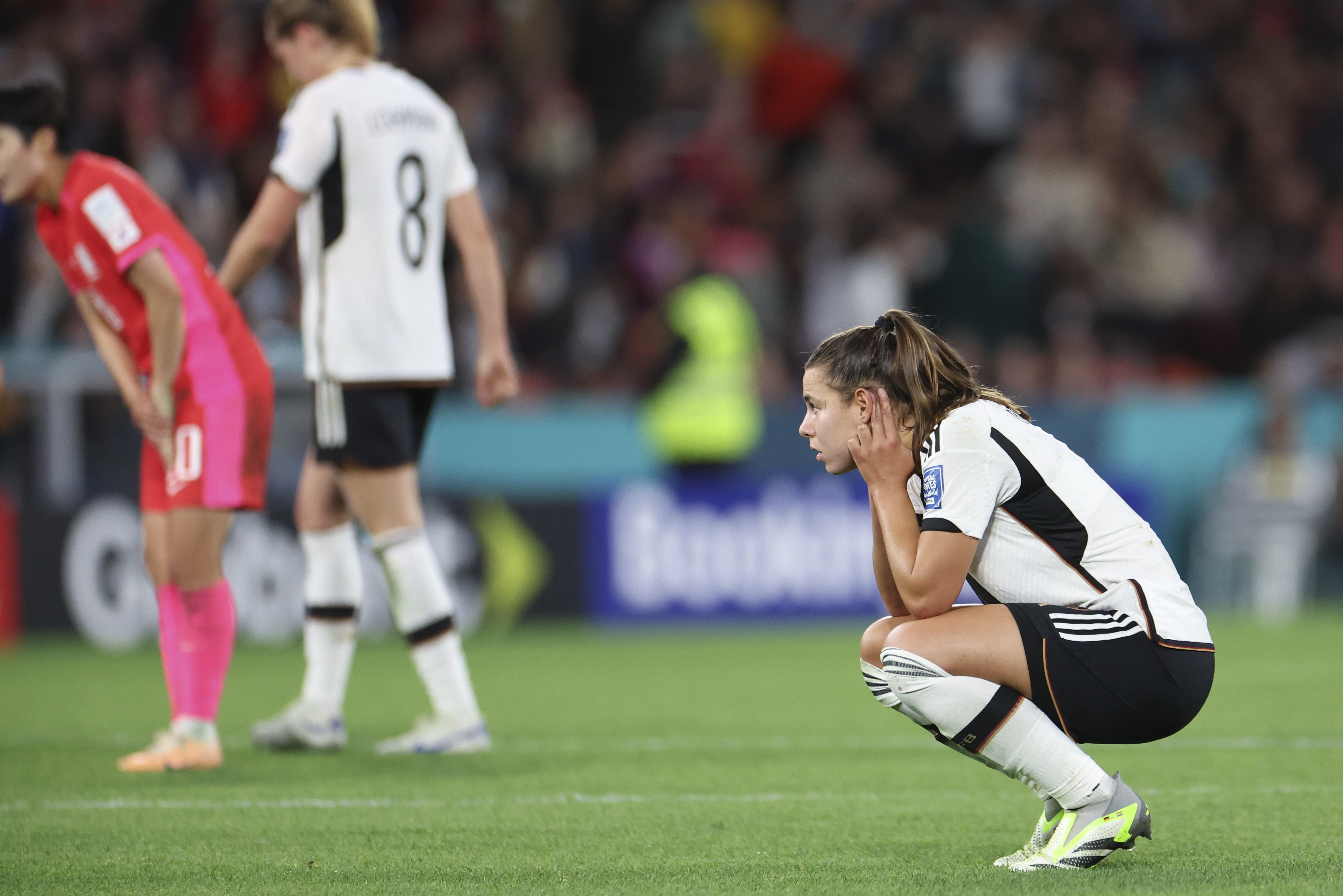 Germany's Lena Oberdorf reacts following the Women's World Cup Group H soccer match between South Korea and Germany in Brisbane, Australia, Thursday, Aug. 3, 2023.