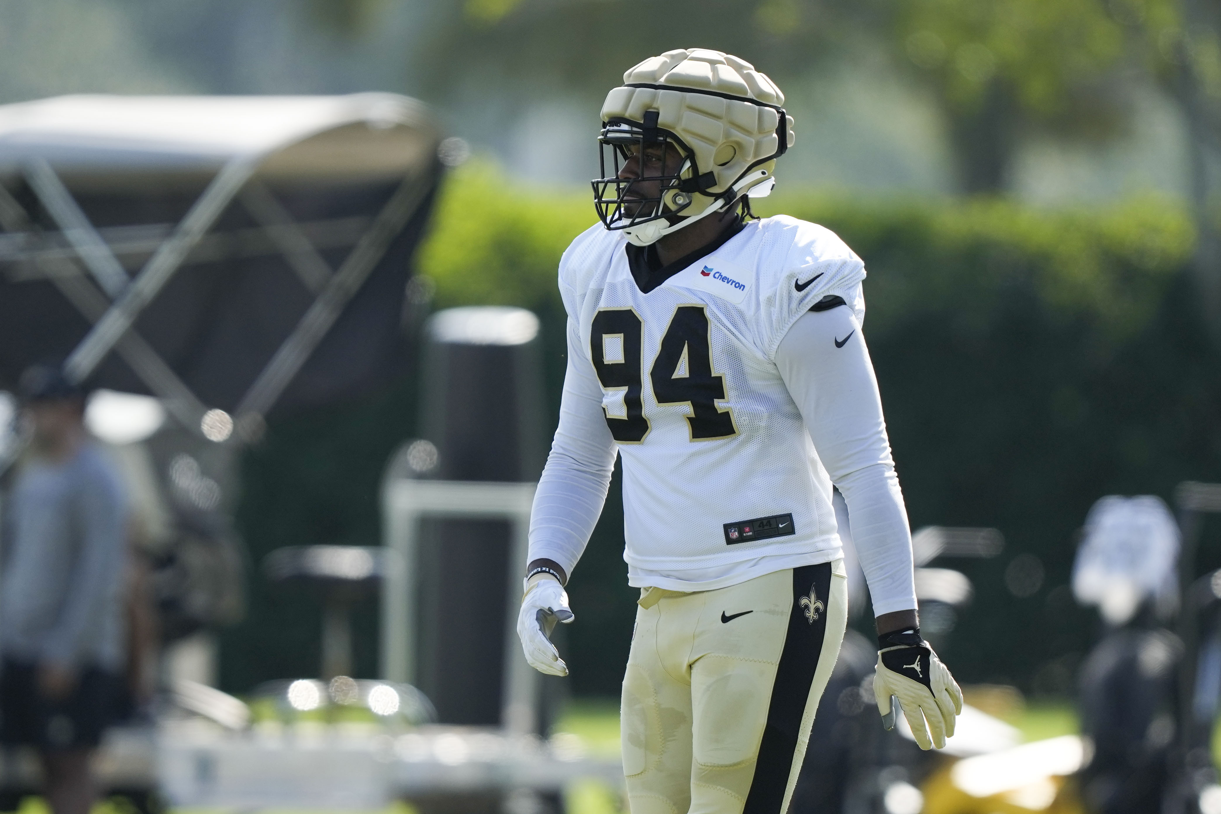New Orleans Saints defensive end Cameron Jordan (94) walks between drills at the NFL team's football training camp in Metairie, La., Tuesday, Aug. 1, 2023. 