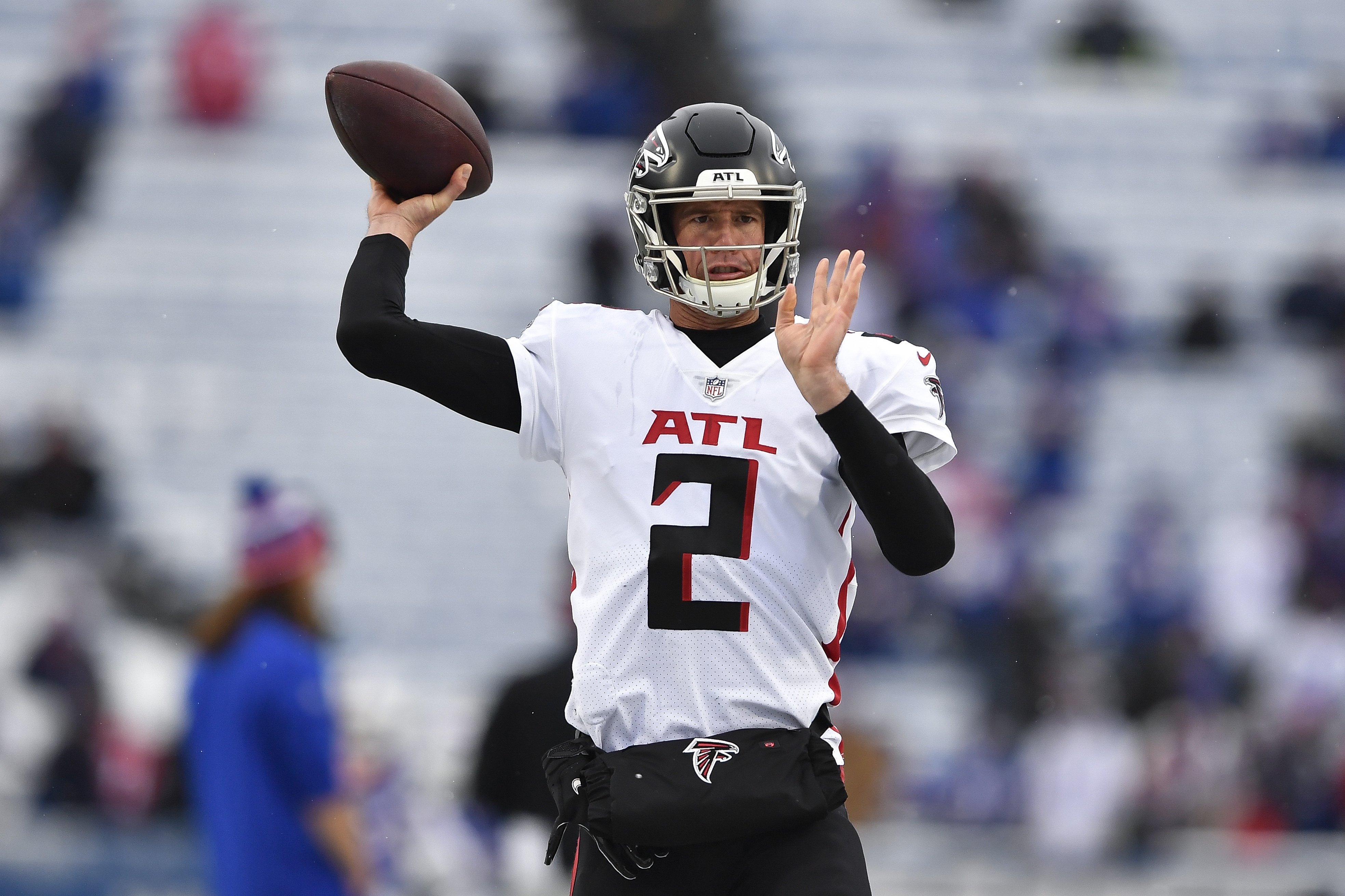 FILE -Atlanta Falcons quarterback Matt Ryan warms up before an NFL football game against the Buffalo Bills in Orchard Park, N.Y., Sunday, Jan. 2, 2022. Matt Ryan brought the No. 2 jersey back to the Atlanta Falcons training camp on Friday, Aug. 4, 2023.This time, however, the jerseys were worn by Ryan's 5-year-old twin boys, Johnny and Thomas. Ryan, the most accomplished quarterback in franchise history, returned as a sideline spectator, perhaps .