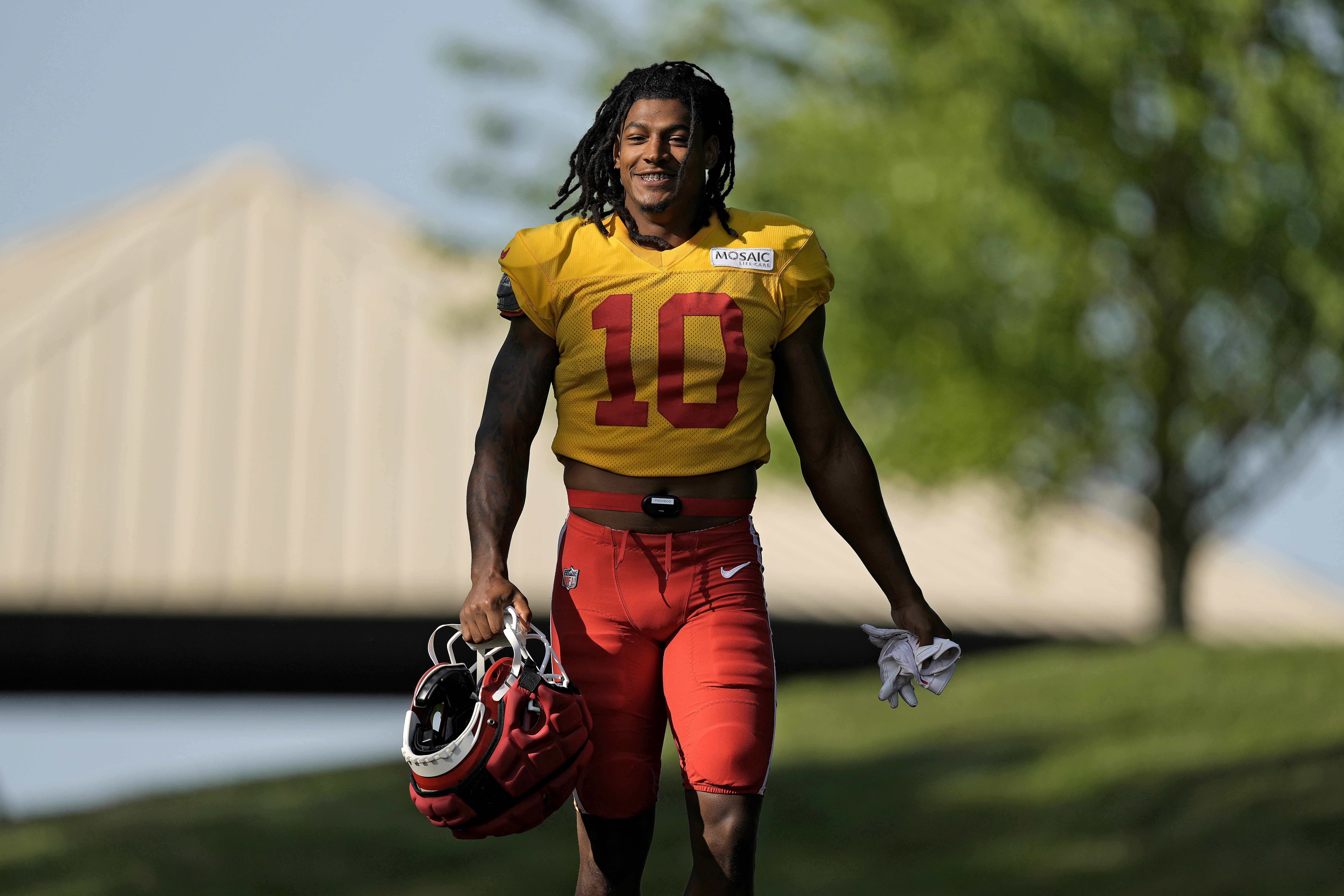 Kansas City Chiefs running back Isiah Pacheco arrives at NFL football training camp Friday, July 28, 2023, in St. Joseph, Mo. 