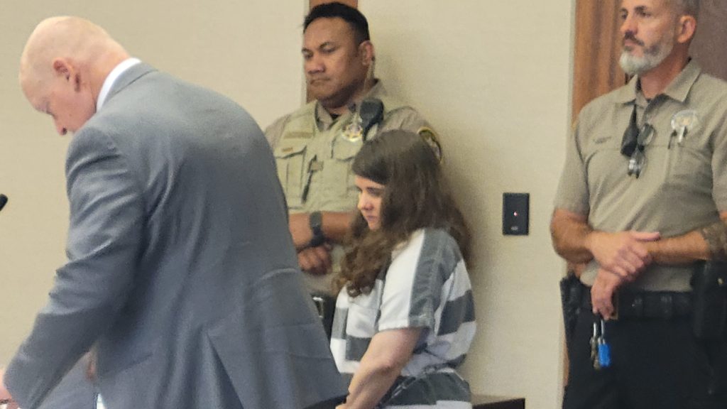 Megan Michelle Stewart is seen during her sentencing hearing at the 5th District Courthouse, St. George, Friday. Stewart, who attempted to murder her then 8-year-old son at the St. George Motel 6 in 2021, was sentenced to a year in jail and 48 months probation.