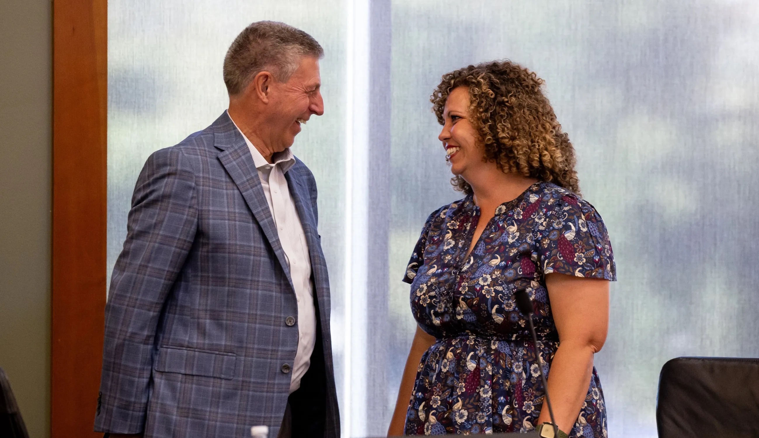 Candidates Bruce Hough and Celeste Maloy take part in the first of 10 debates for the Republican primary race to replace Rep. Chris Stewart, R-Utah, at Farmington City Hall on Friday.