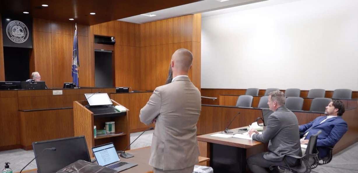Nate Holzapfel, far right, was sentenced to prison Friday, Aug. 4, 2023, after a judge rejected terms of a plea deal calling for probation. Holzapfel, who was a former "Shark Tank" contestant, pleaded guilty to fraud and sexual battery involving vulnerable women.