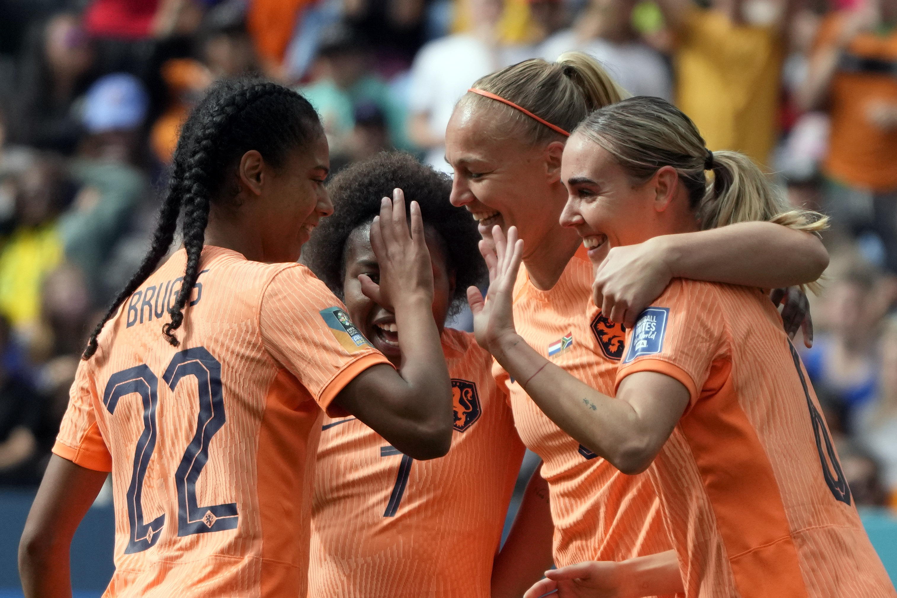 Netherlands' Jill Roord, right celebrates with teammates after scoring her side's first goal during the Women's World Cup round of 16 soccer match between the Netherlands and South Africa at the Sydney Football Stadium in Sydney, Australia, Sunday, Aug. 6, 2023. 