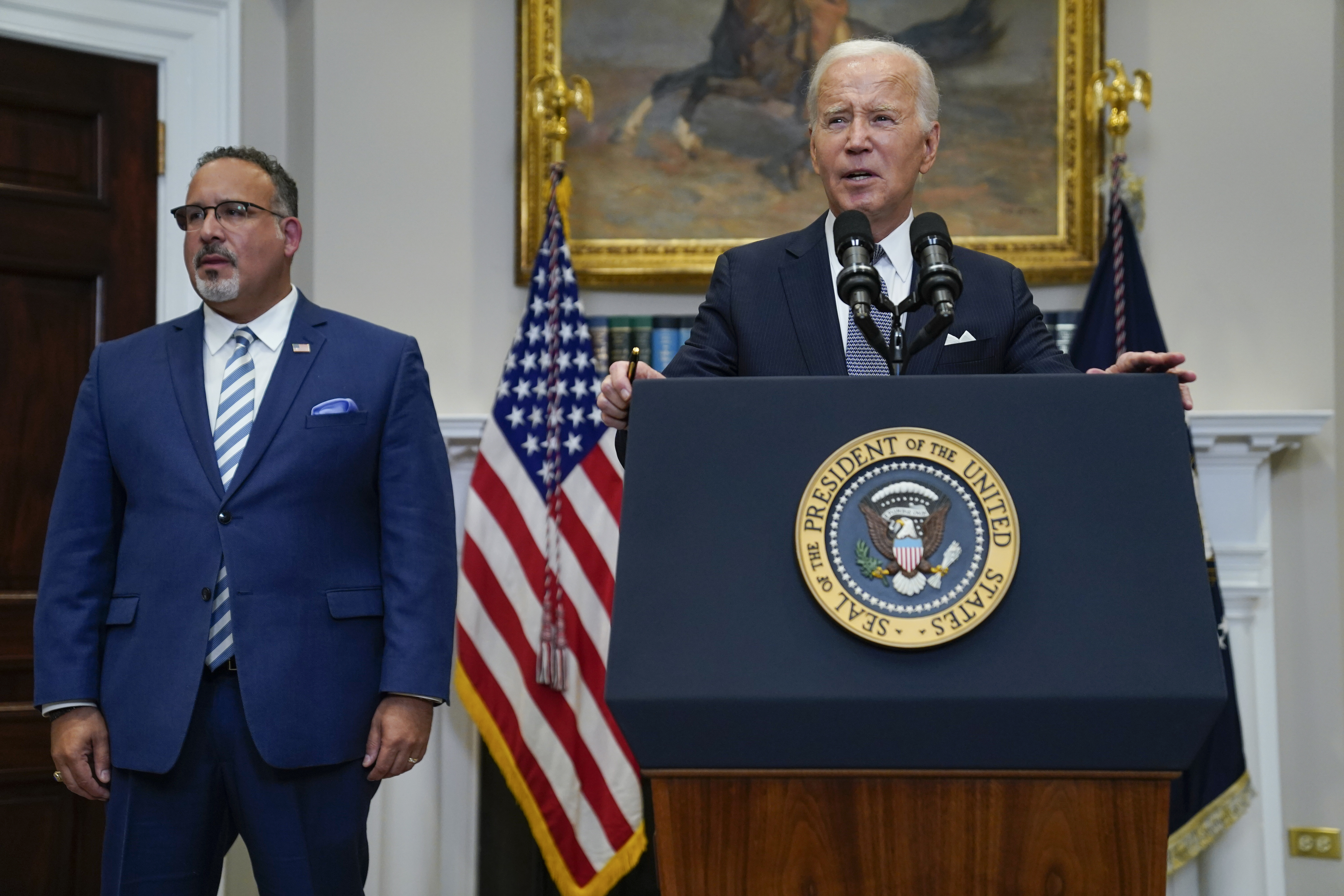 President Joe Biden speaks in the Roosevelt Room of the White House, June 30. Two conservative groups are asking a federal court to block the Biden administration’s plan to cancel $39 billion in student loans for more than 800,000 borrowers. 