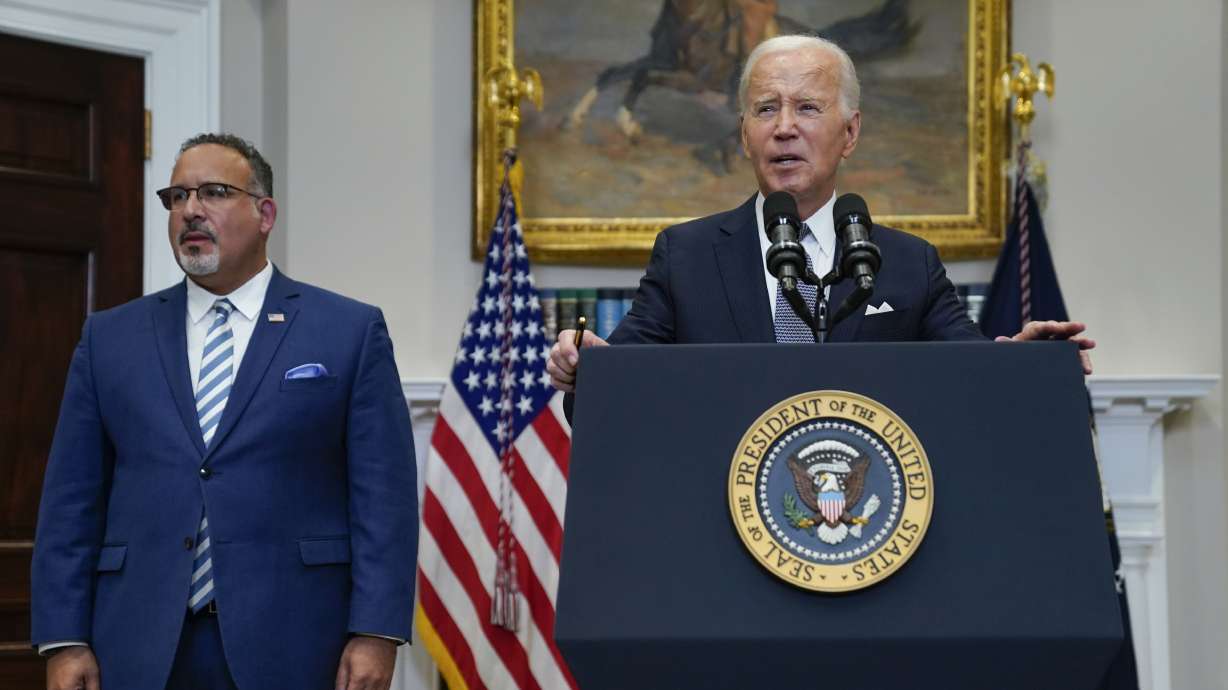 President Joe Biden speaks in the Roosevelt Room of the White House, June 30. Two conservative groups are asking a federal court to block the Biden administration’s plan to cancel $39 billion in student loans for more than 800,000 borrowers.