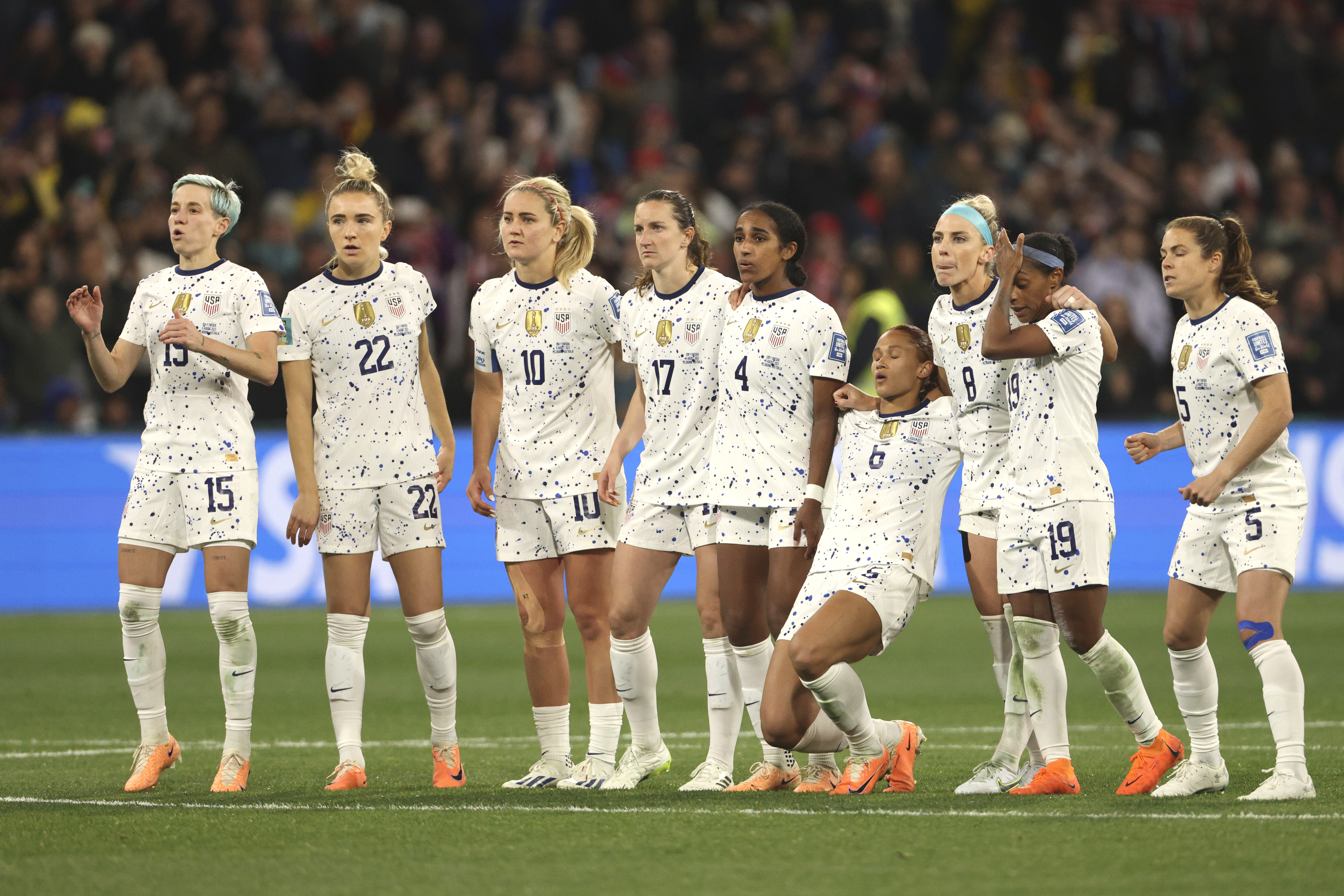 United States' team react during a penalties' shootout during the Women's World Cup round of 16 soccer match between Sweden and the United States in Melbourne, Australia, Sunday, Aug. 6, 2023. 