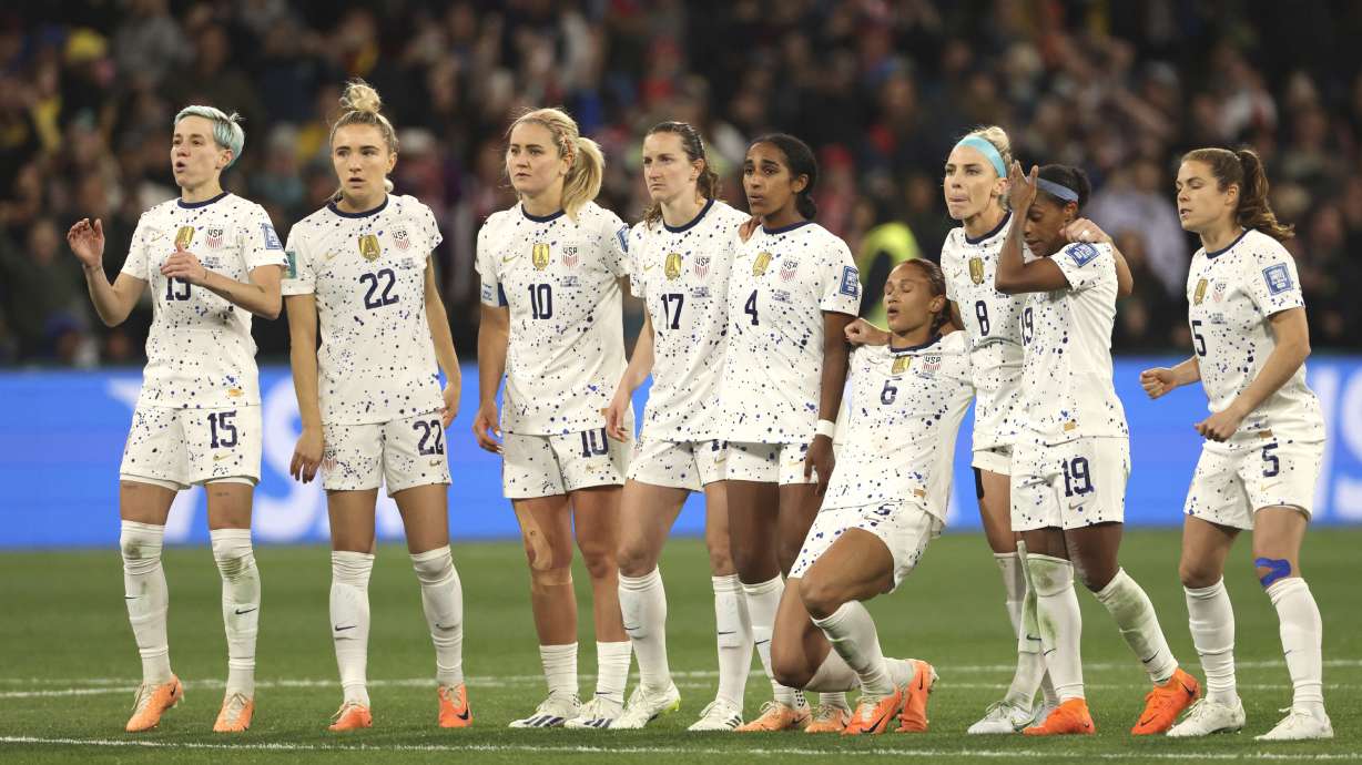 United States' team react during a penalties' shootout during the Women's World Cup round of 16 soccer match between Sweden and the United States in Melbourne, Australia, Sunday, Aug. 6, 2023.