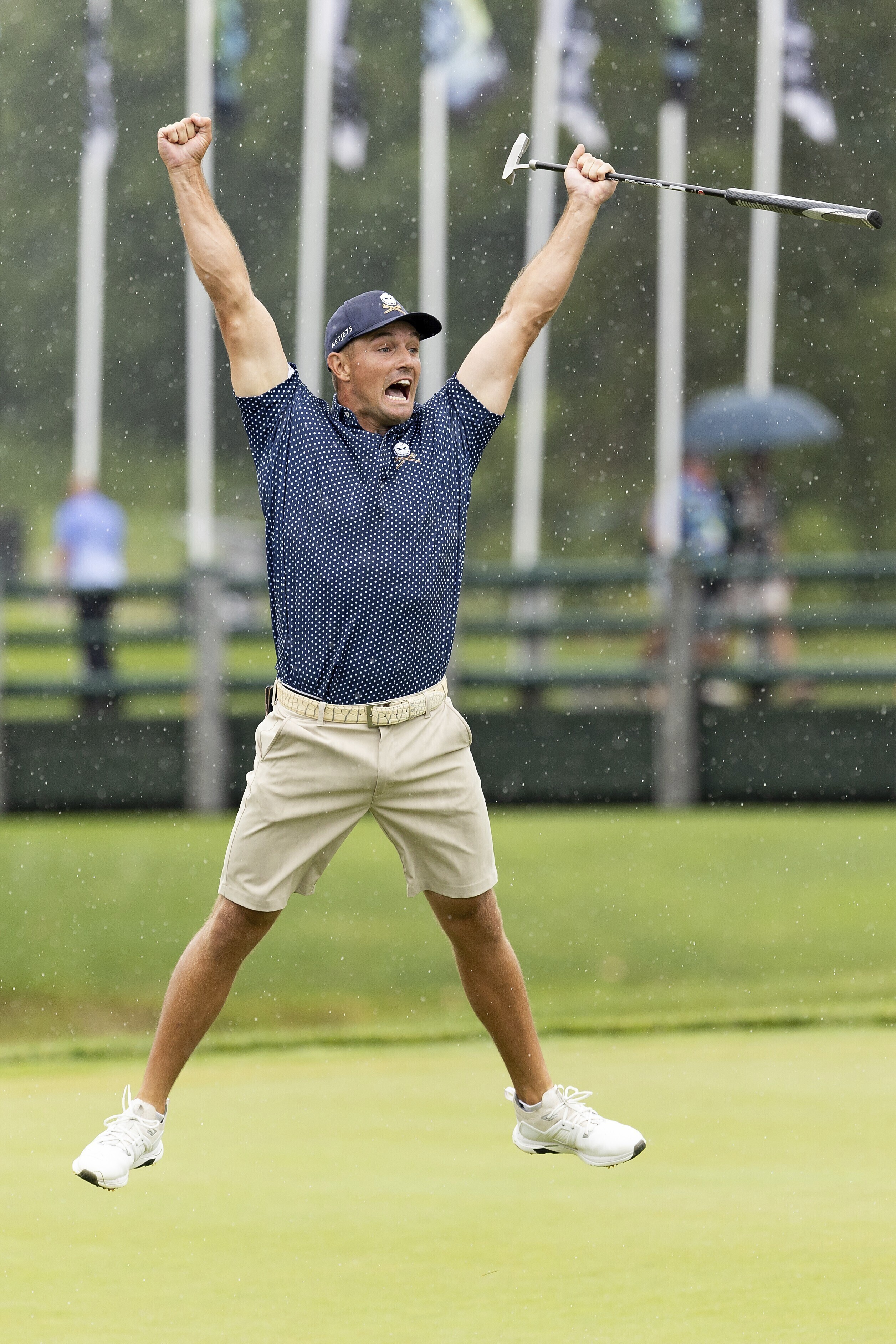 Captain Bryson DeChambeau, of Crushers GC, reacts after winning on the 18th hole during the final round of LIV Golf Greenbrier at The Old White at The Greenbrier, Sunday, Aug. 6, 2023, in White Sulfur Springs, W.Va.
