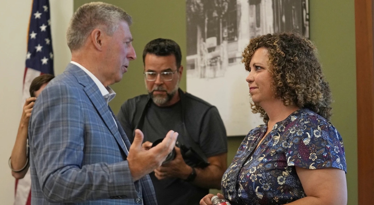 Bruce Hough and Celeste Maloy speak after the 2nd Congressional District Republican primary debate for outgoing Rep. Chris Stewart's seat Friday in Farmington.