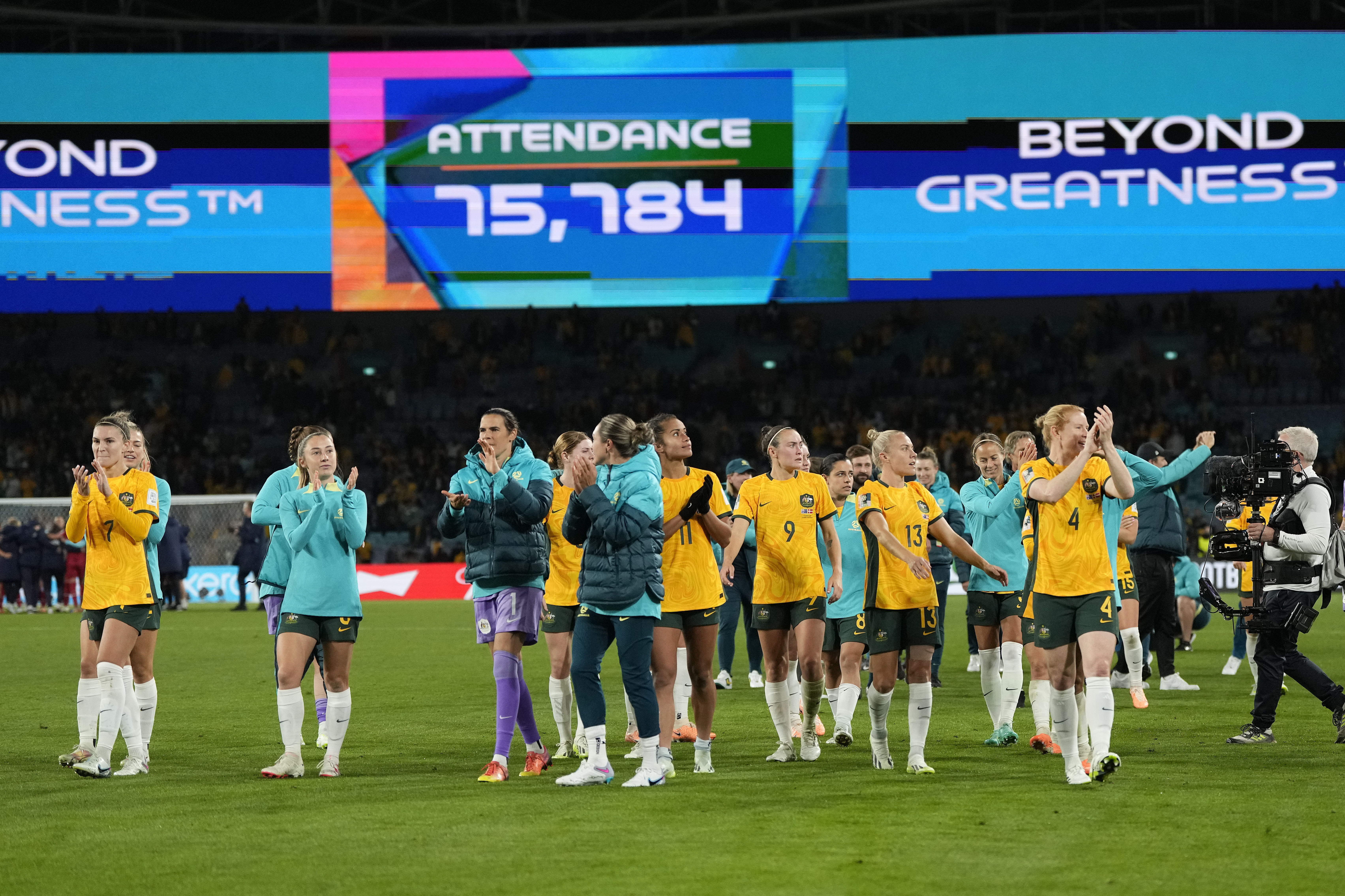 Australia's players leave the pitch after winning the Women's World Cup round of 16 soccer match between Australia and Denmark at Stadium Australia in Sydney, Australia, Monday, Aug. 7, 2023. 