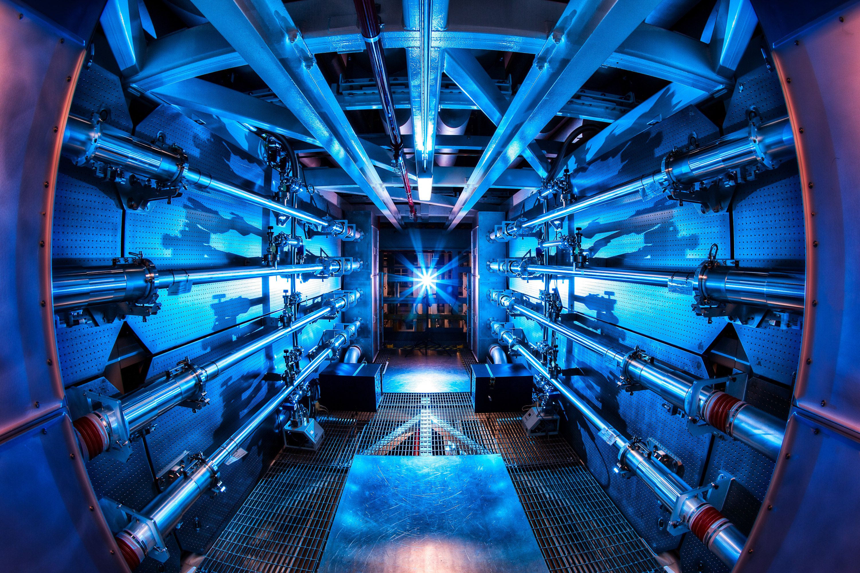 A color-enhanced image shows the inside of a preamplifier support structure at the Lawrence Livermore National Laboratory’s National Ignition Facility in California where scientists are working to produce nuclear fusion energy.