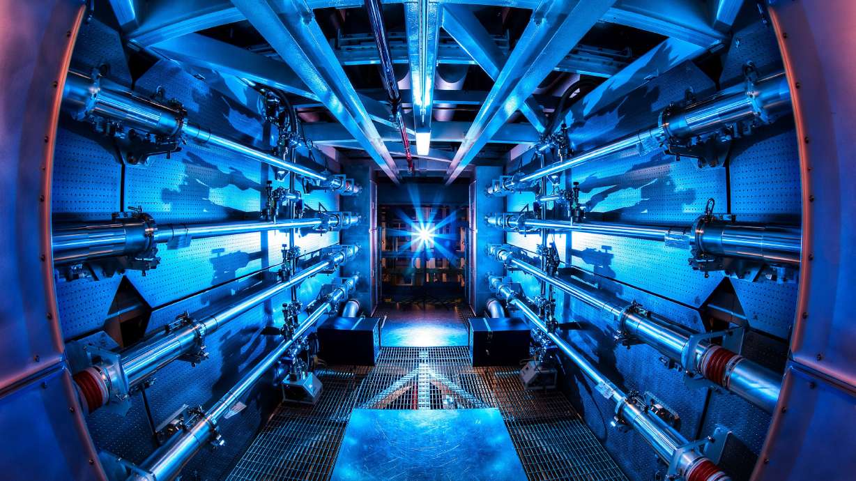 A color-enhanced image shows the inside of a preamplifier support structure at the Lawrence Livermore National Laboratory’s National Ignition Facility in California where scientists are working to produce nuclear fusion energy.
