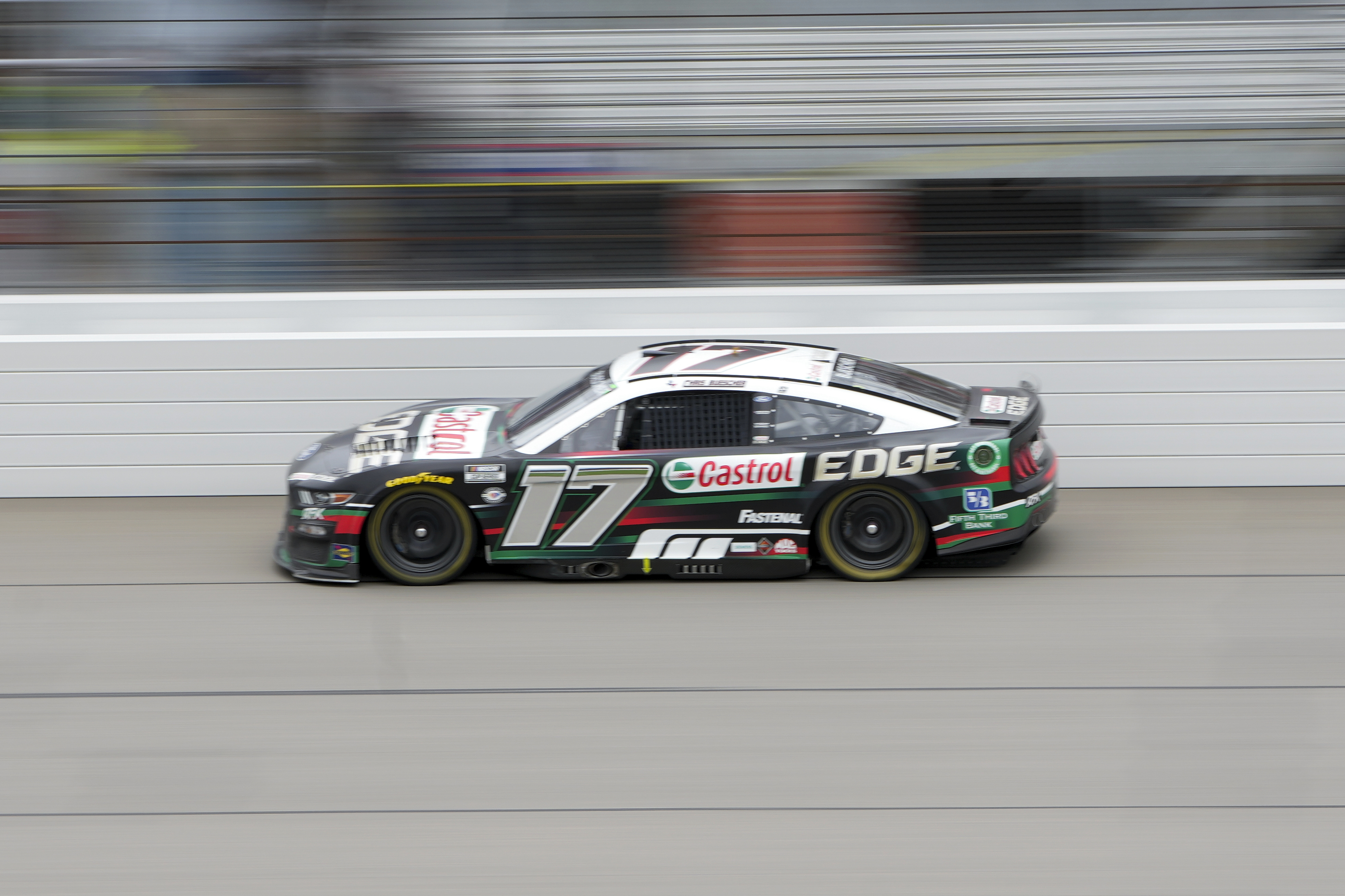 Chris Buescher drives during a NASCAR Cup Series auto race at Michigan International Speedway in Brooklyn, Mich., Monday, Aug. 7, 2023. 