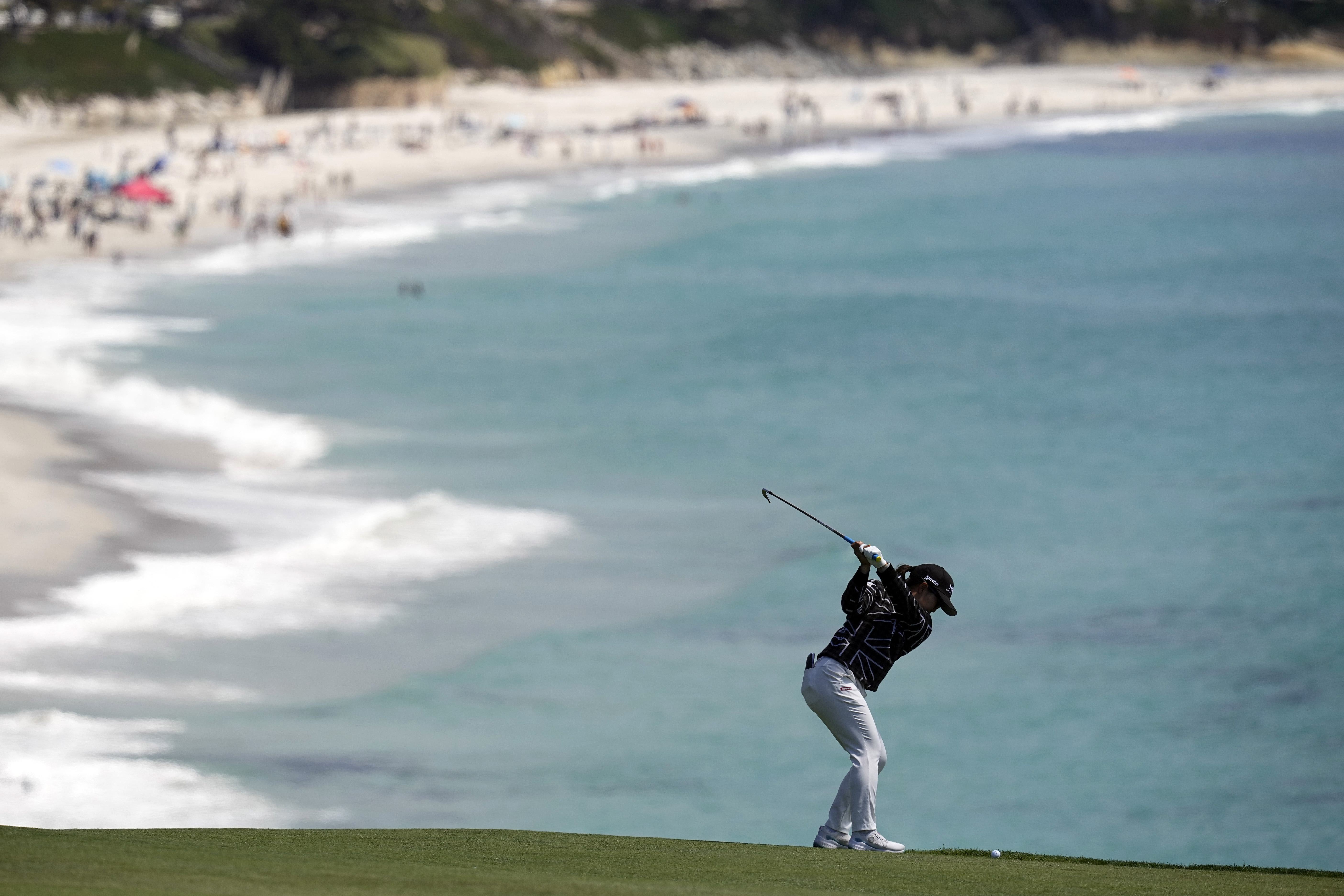Nasa Hataoka, of Japan, hits from the ninth fairway during the final round of the U.S. Women's Open golf tournament at the Pebble Beach Golf Links, Sunday, July 9, 2023, in Pebble Beach, Calif.