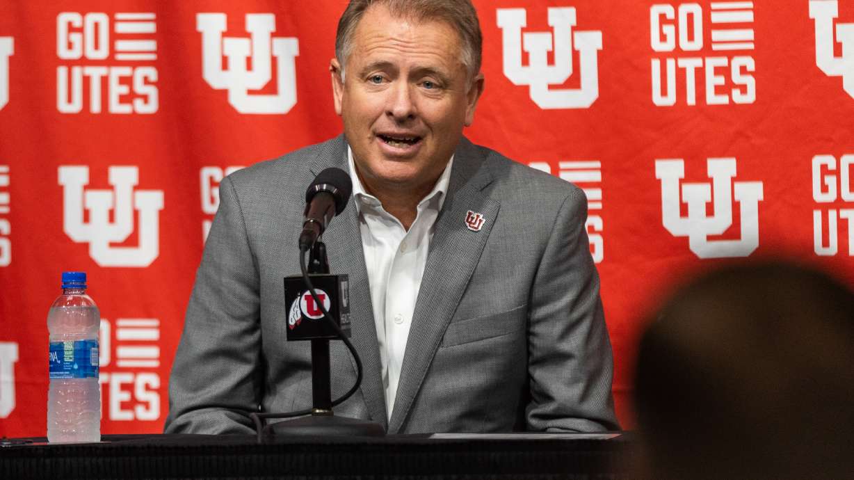 University of Utah President Taylor Randall speaks at a press conference regarding Utah’s move to the Big 12 Conference at Rice-Eccles Stadium in Salt Lake City on Monday, Aug. 7, 2023.