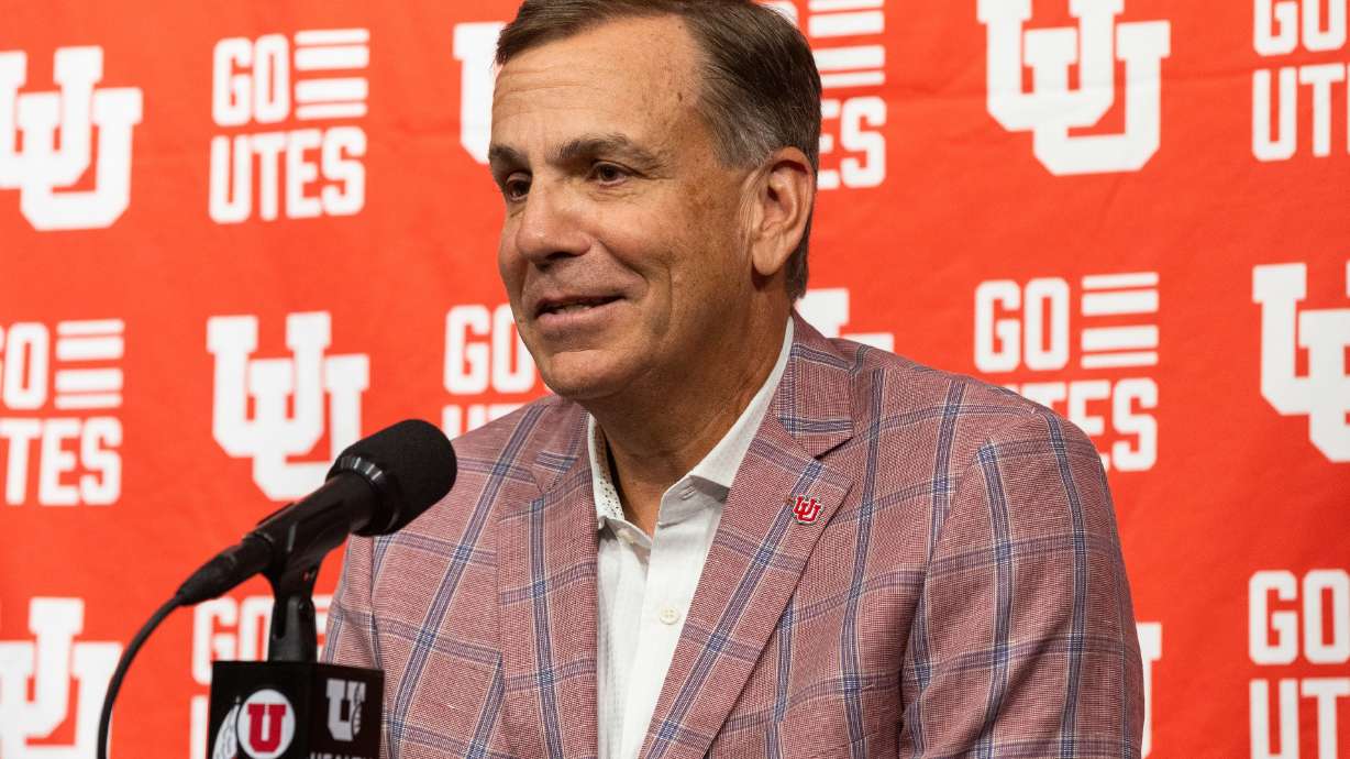 Utah athletic director Mark Harlan speaks at a press conference regarding the University of Utah’s move to the Big 12 Conference at Rice-Eccles Stadium in Salt Lake City on Monday, Aug. 7, 2023.