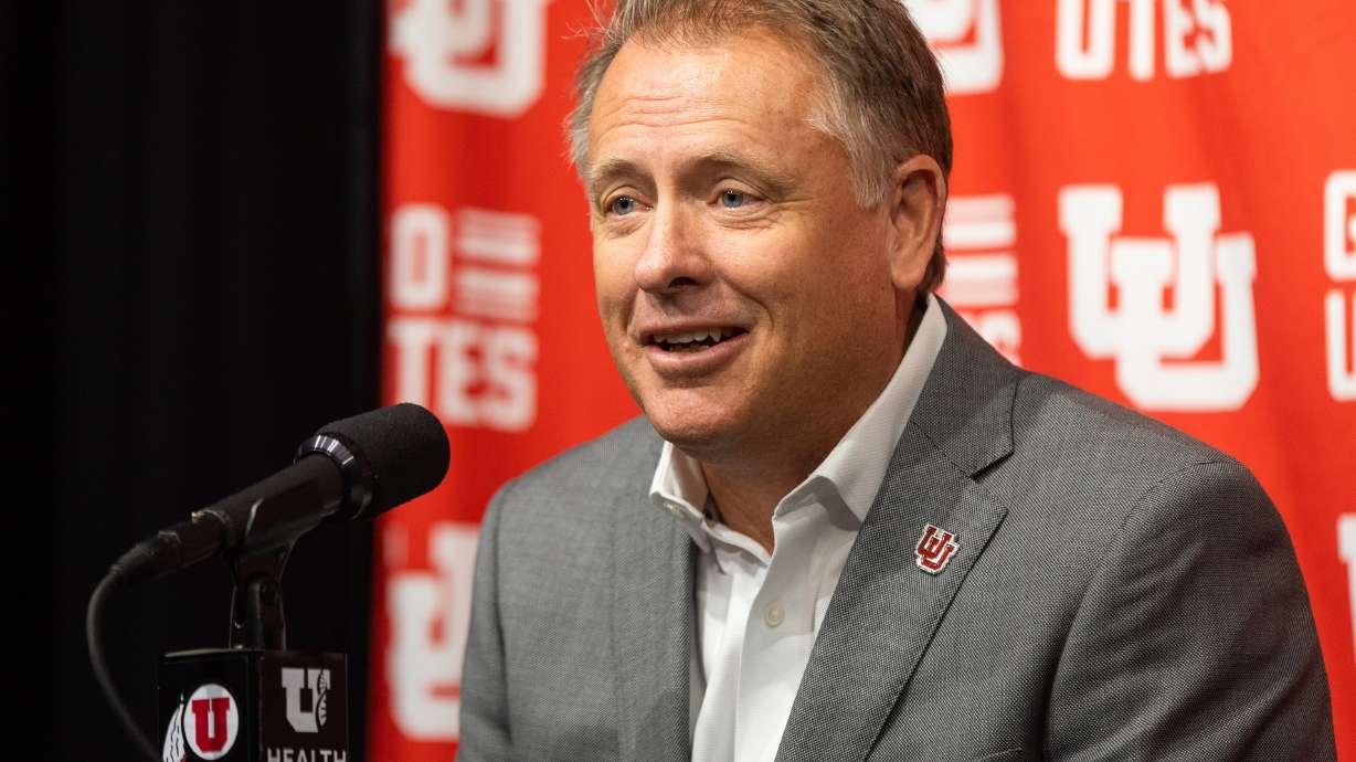 University of Utah President Taylor Randall speaks at a press conference regarding Utah’s move to the Big 12 Conference at Rice-Eccles Stadium in Salt Lake City on Monday, Aug. 7, 2023.