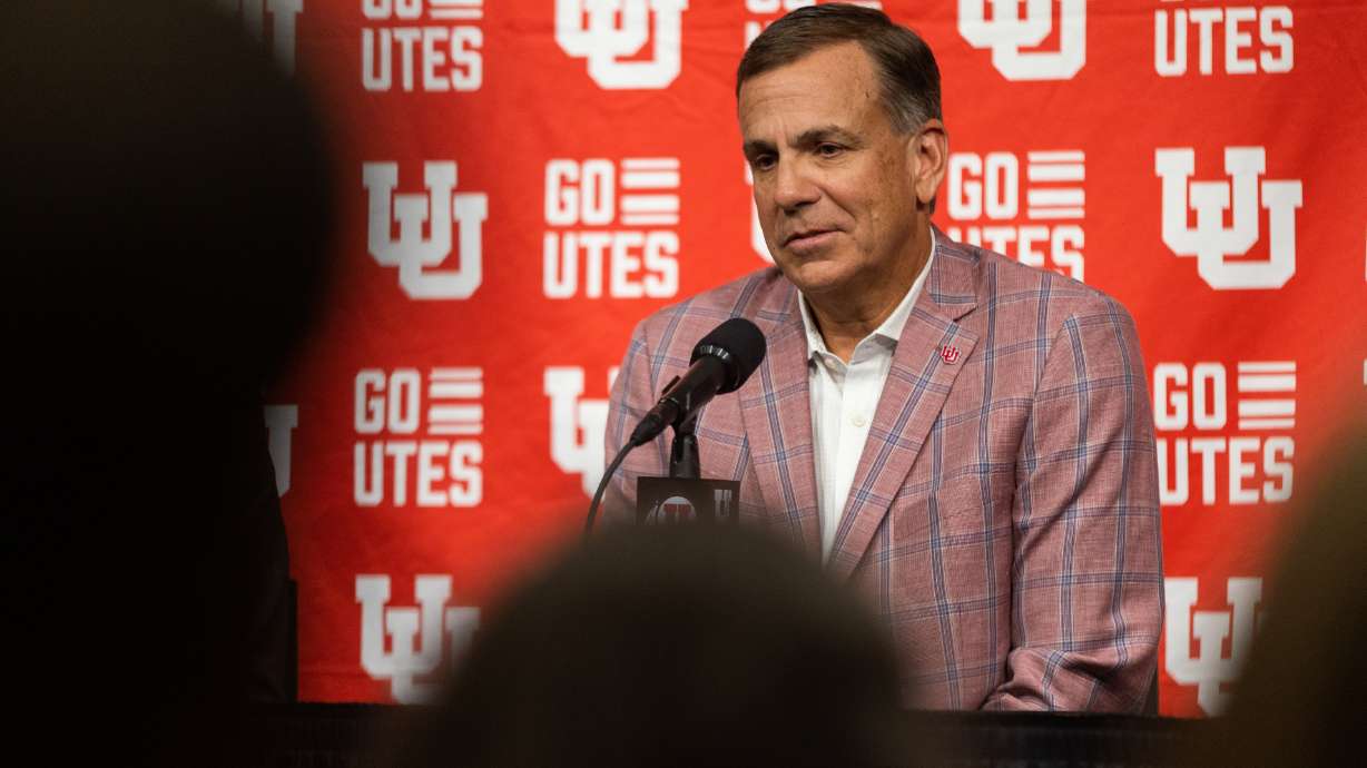 Utah athletic director Mark Harlan speaks at a press conference regarding the University of Utah’s move to the Big 12 Conference at Rice-Eccles Stadium in Salt Lake City on Monday, Aug. 7, 2023.
