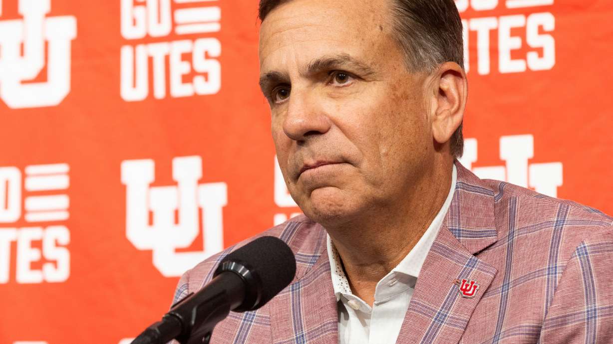 Utah athletic director Mark Harlan speaks at a press conference regarding the University of Utah’s move to the Big 12 Conference at Rice-Eccles Stadium in Salt Lake City on Monday, Aug. 7, 2023.