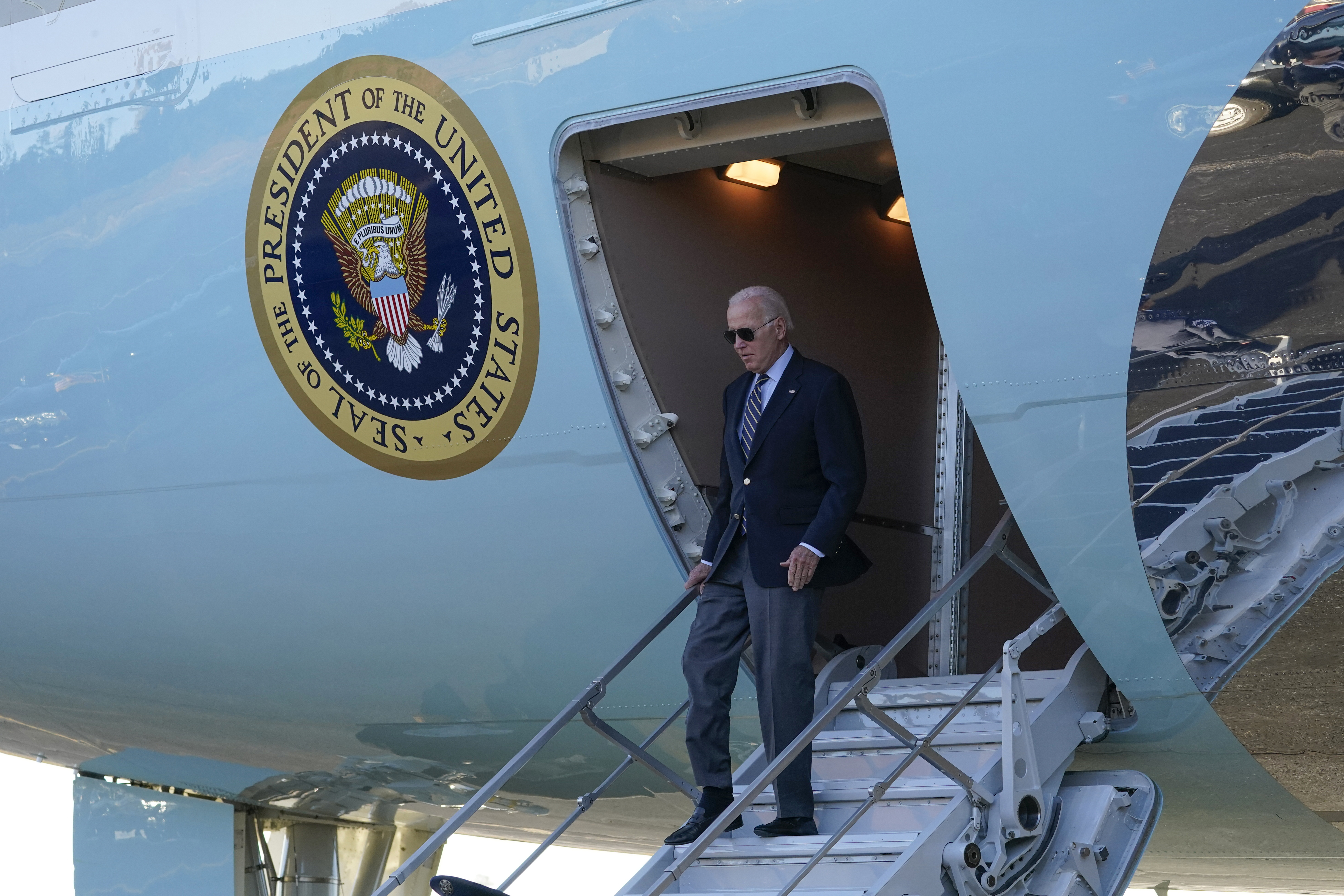 President Joe Biden arrives on Air Force One at Grand Canyon National Park Airport on Monday in Grand Canyon Village, Ariz. Biden is set to visit Utah Wednesday and Thursday. 