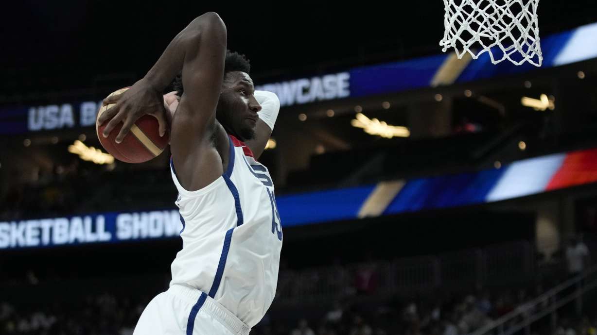 United States' Jaren Jackson Jr. dunks against Puerto Rico during the first half of an exhibition basketball game Monday, Aug. 7, 2023, in Las Vegas.