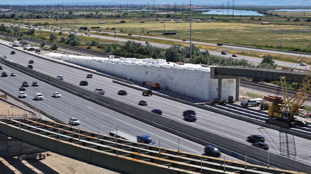 Officials say thousands of plastic foam blocks were stacked to form the base of a new I-15 on-ramp as part of the West Davis Highway bridge construction in Farmington.