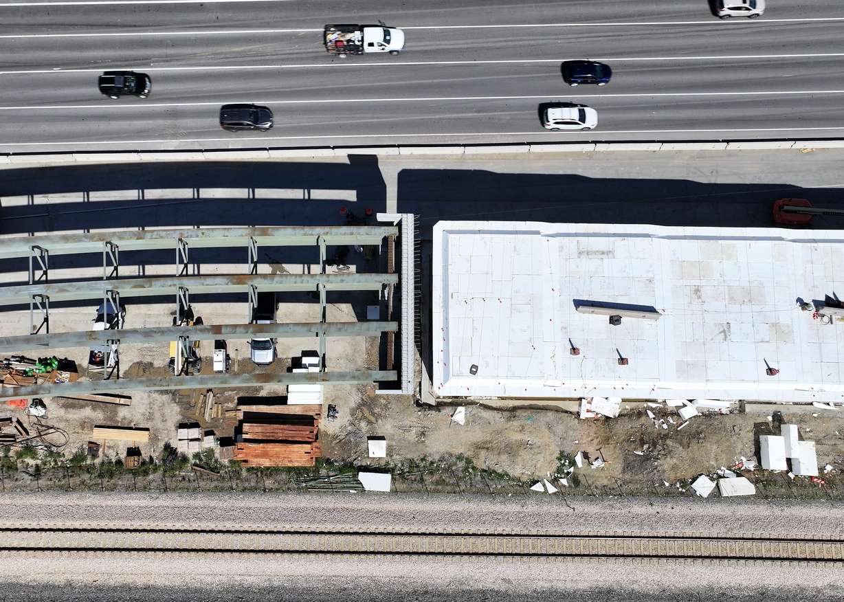 West Davis Highway bridge construction in Farmington. Utah Department of Transportation officials say thousands of plastic foam blocks were stacked up to help form the base of a new I-15 on-ramp in the area.