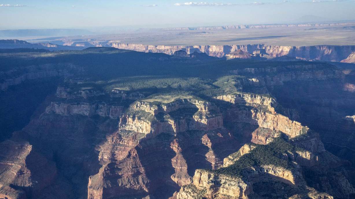The Grand Canyon is seen from Air Force One, with President Joe Biden aboard, en route to Grand Canyon National Park Airport, Monday. Biden announced on Tuesday a new national monument in the canyon.