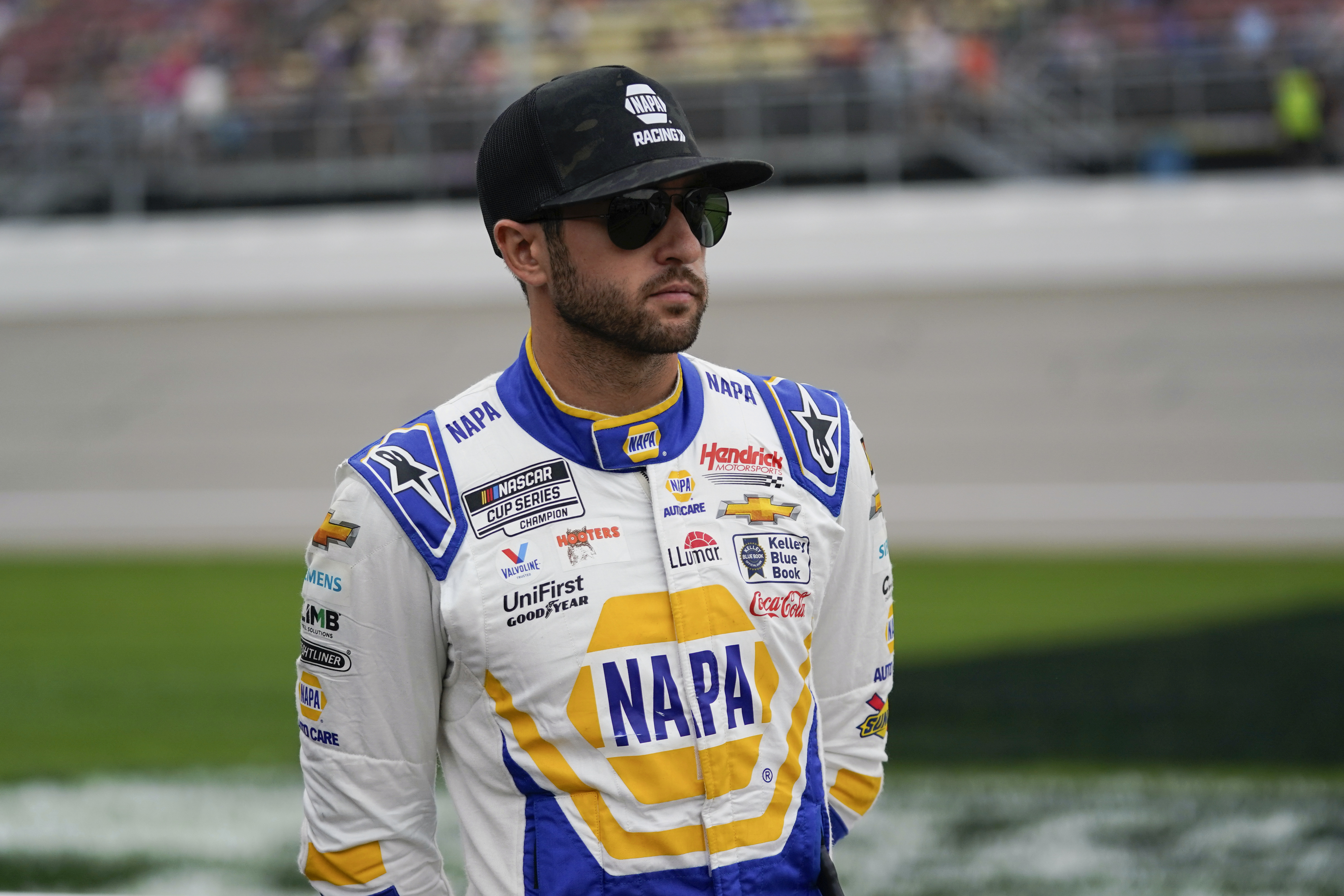Chase Elliott looks on before a NASCAR Cup Series auto race at Michigan International Speedway in Brooklyn, Mich., Sunday, Aug. 6, 2023. 