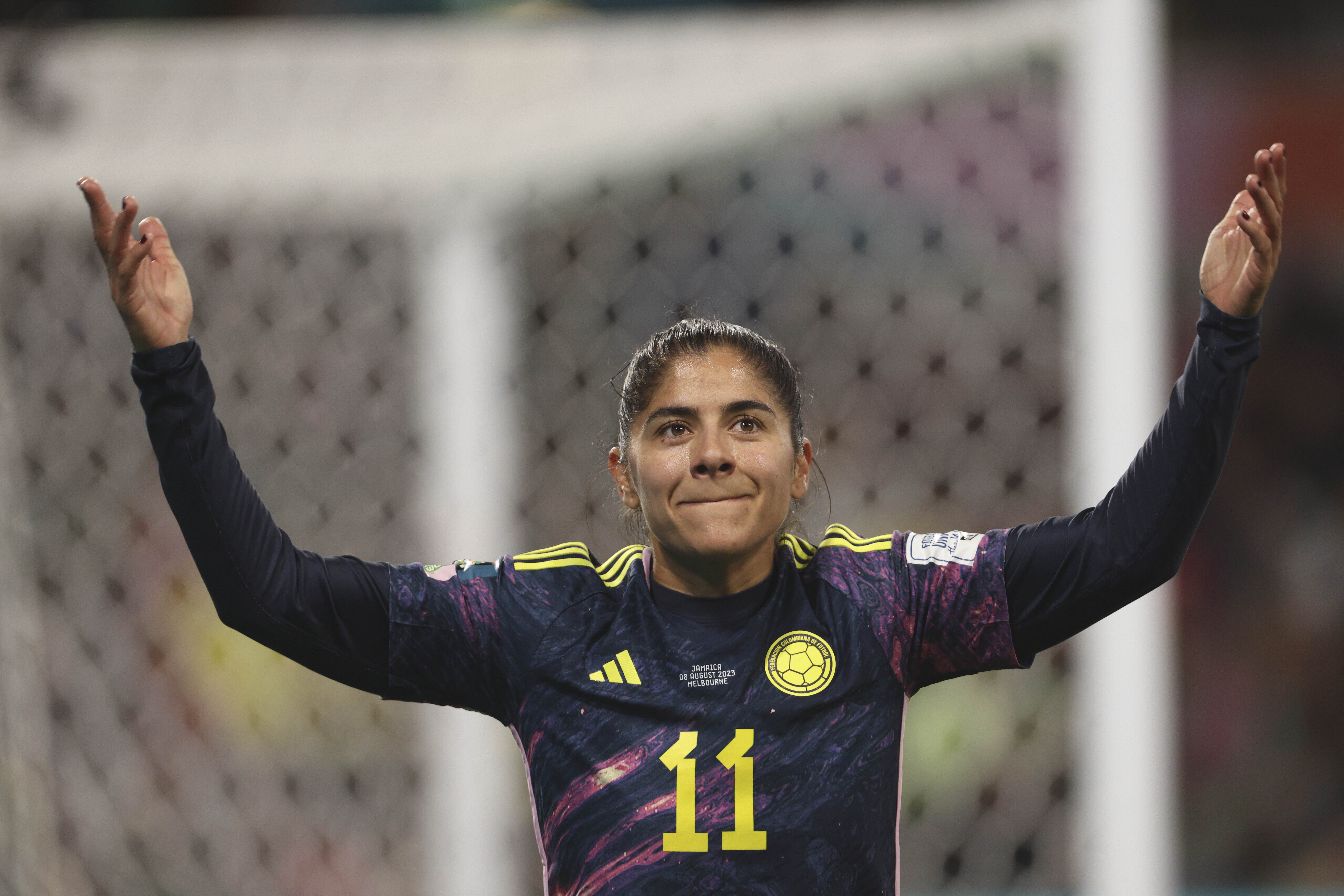 Colombia's Catalina Usme celebrates during the Women's World Cup round of 16 soccer match between Jamaica and Colombia in Melbourne, Australia, Tuesday, Aug. 8, 2023. 