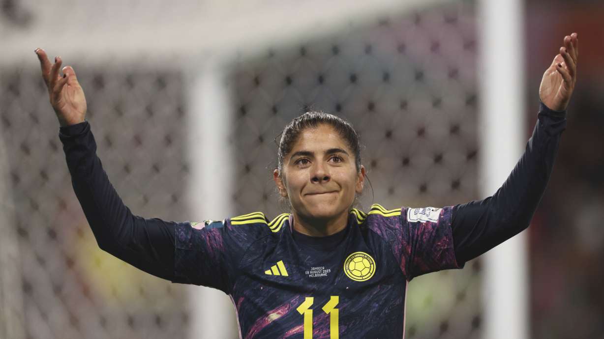 Colombia's Catalina Usme celebrates during the Women's World Cup round of 16 soccer match between Jamaica and Colombia in Melbourne, Australia, Tuesday, Aug. 8, 2023.