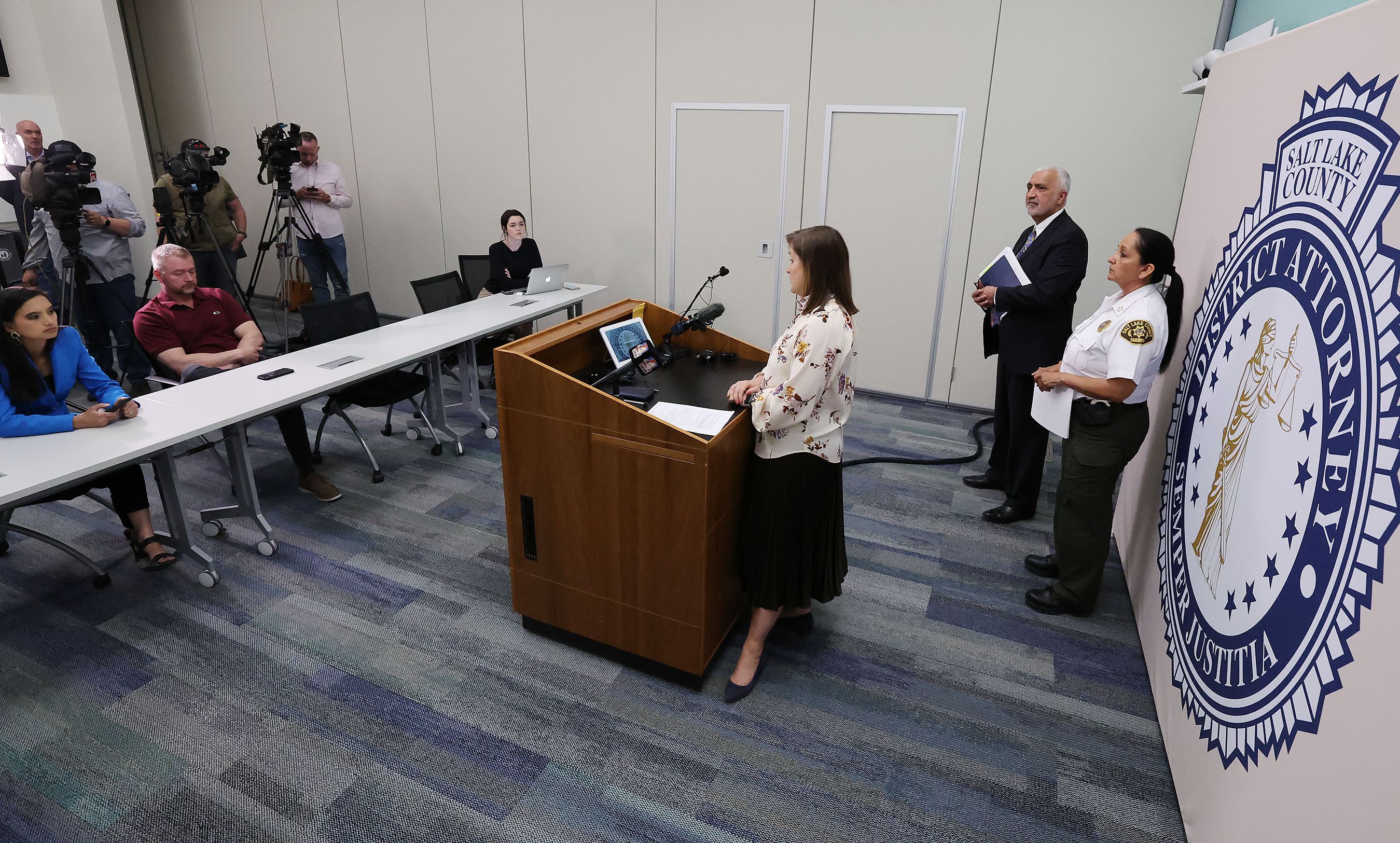 Salt Lake County Mayor Jenny Wilson speaks at a press conference announcing a $57 million settlement with pharmaceutical companies for the opioid epidemic, in Salt Lake City, April 26, 2022.