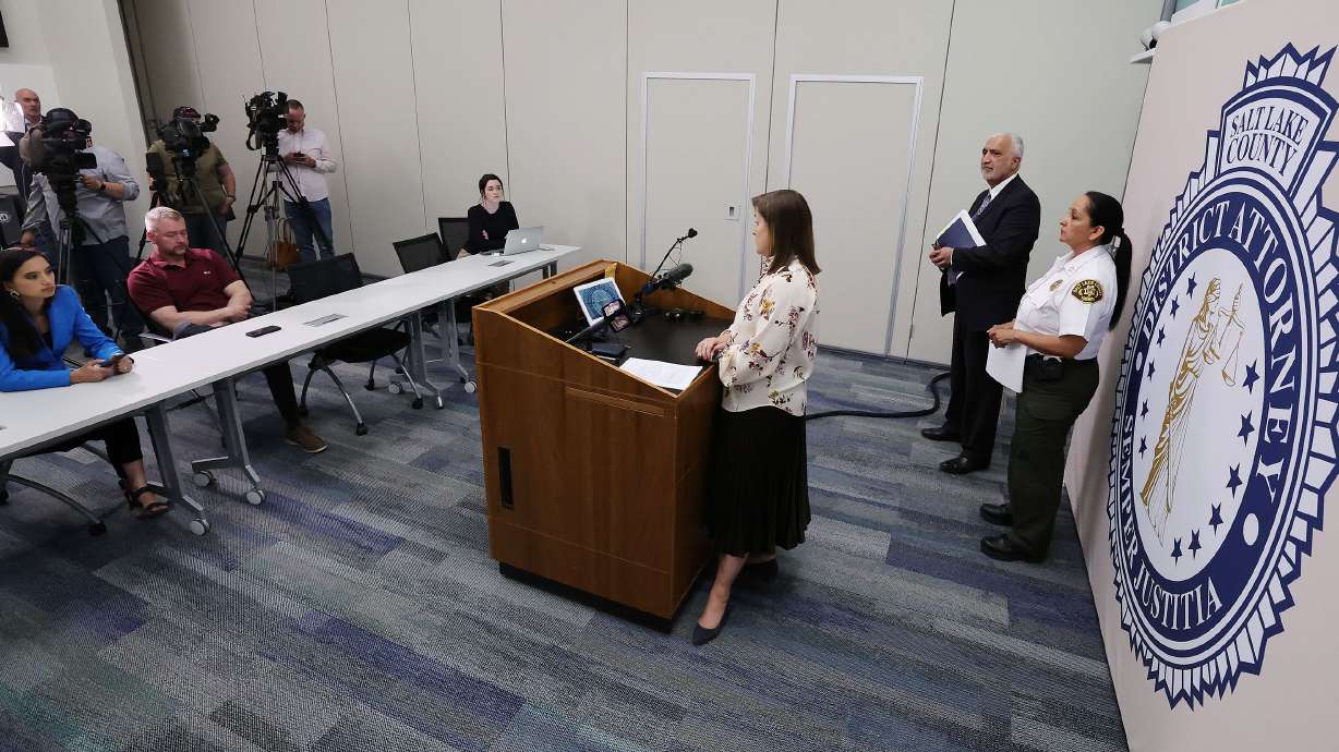 Salt Lake County Mayor Jenny Wilson speaks at a press conference announcing a $57 million settlement with pharmaceutical companies for the opioid epidemic, in Salt Lake City, April 26, 2022.