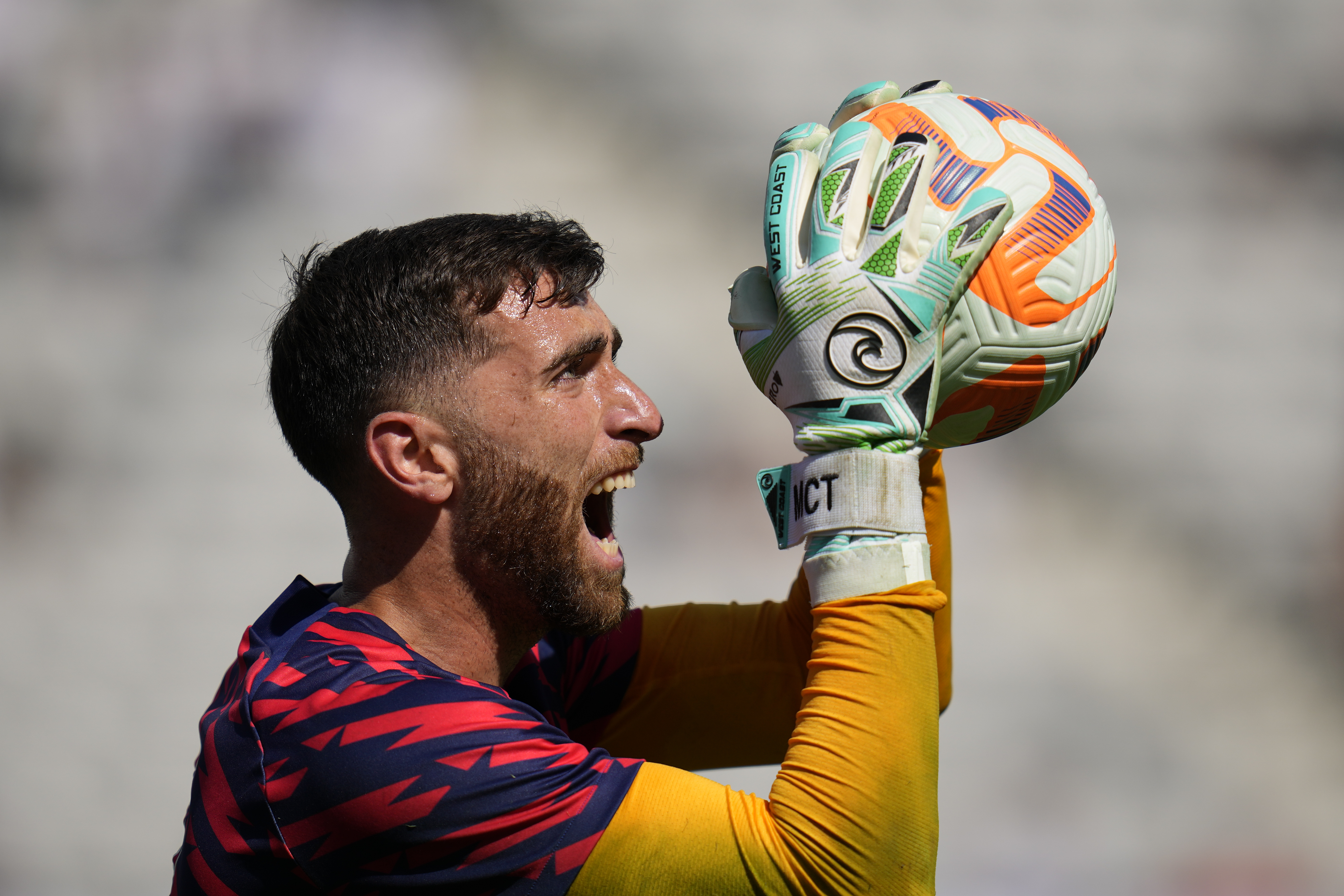 FILE - U.S. goalkeeper Matt Turner warms up before the United States faces Panama in a CONCACAF Gold Cup semifinal soccer match Wednesday, July 12, 2023, in San Diego. United States goalkeeper Matt Turner has joined Nottingham Forest from Arsenal for a reported 10 million pounds ($12.75 million) it was announced on Wednesday, Aug. 9, 2023. 