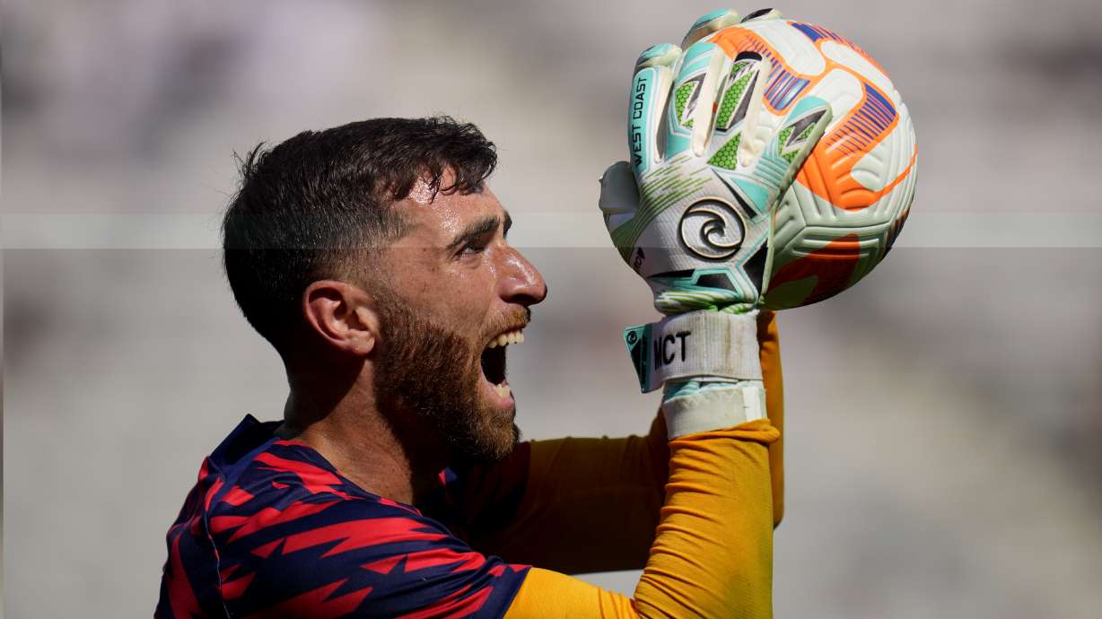 FILE - U.S. goalkeeper Matt Turner warms up before the United States faces Panama in a CONCACAF Gold Cup semifinal soccer match Wednesday, July 12, 2023, in San Diego. United States goalkeeper Matt Turner has joined Nottingham Forest from Arsenal for a reported 10 million pounds ($12.75 million) it was announced on Wednesday, Aug. 9, 2023.