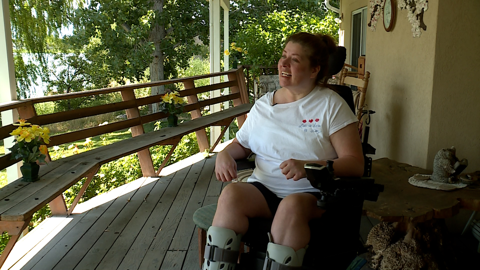 Lisa Kingston talks to KSL on Tuesday in Stansbury Park. A neighbor, Kelly Roundtree, rescued her when she fell into Stansbury Lake in her wheelchair.