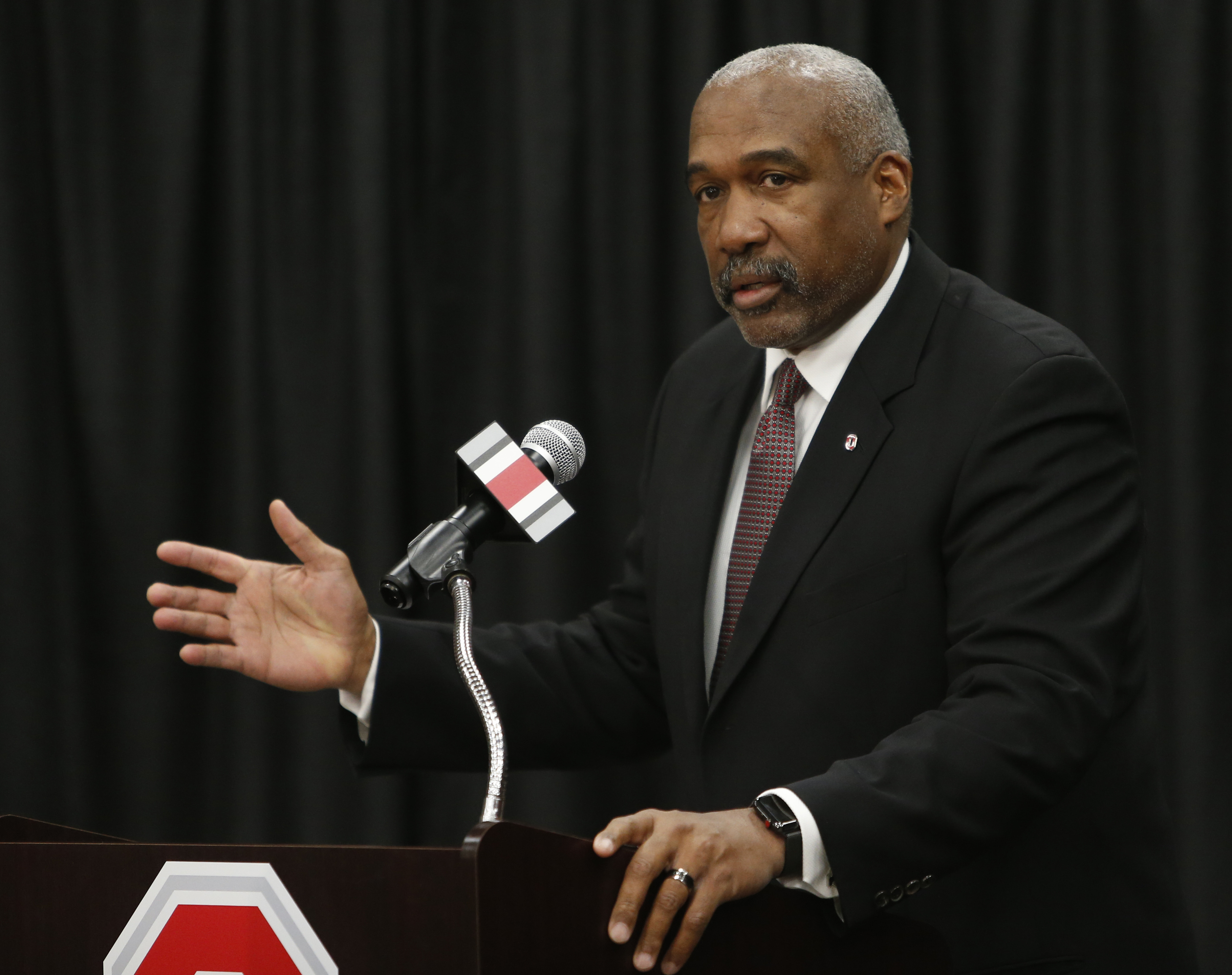 FILE - Ohio State athletics director Gene Smith answers questions during a news conference, Tuesday, Dec. 4, 2018, in Columbus, Ohio. Gene Smith said he'll retire next summer. The 67-year-old Smith, who has spent the past 18 years at Ohio State leading one of the largest and most successful athletic programs in the country, announced Wednesday, Aug. 9, 2023, that he would step down in July 2024. 