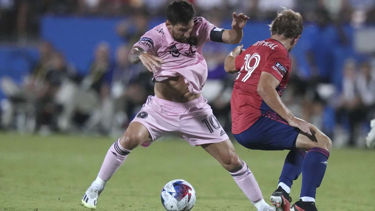 Inter Miami forward Lionel Messi (10) gets around FC Dallas midfielder Paxton Pomykal (19) during the second half of a Leagues Cup soccer match Sunday, Aug. 6, 2023, in Frisco, Texas.
