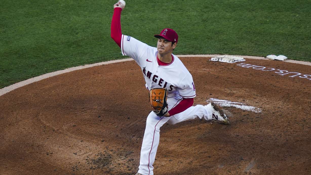 Los Angeles Angels starting pitcher Shohei Ohtani delivers during the second inning of the tema's baseball game against the San Francisco Giants, Wednesday, Aug. 9, 2023, in Anaheim, Calif.