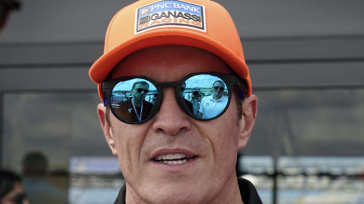 Scott Dixon, of New Zealand, speaks to reporters before practice for an IndyCar Series auto race, Friday, July 21, 2023, at Iowa Speedway in Newton, Iowa.
